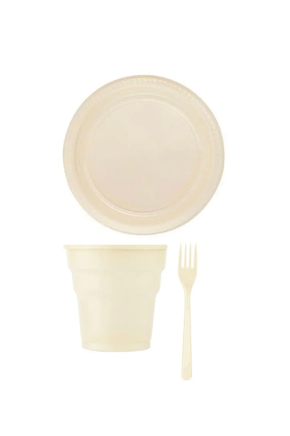 Krem Rengi Plastik Tabak Bardak Çatal Seti 24 Kişilik