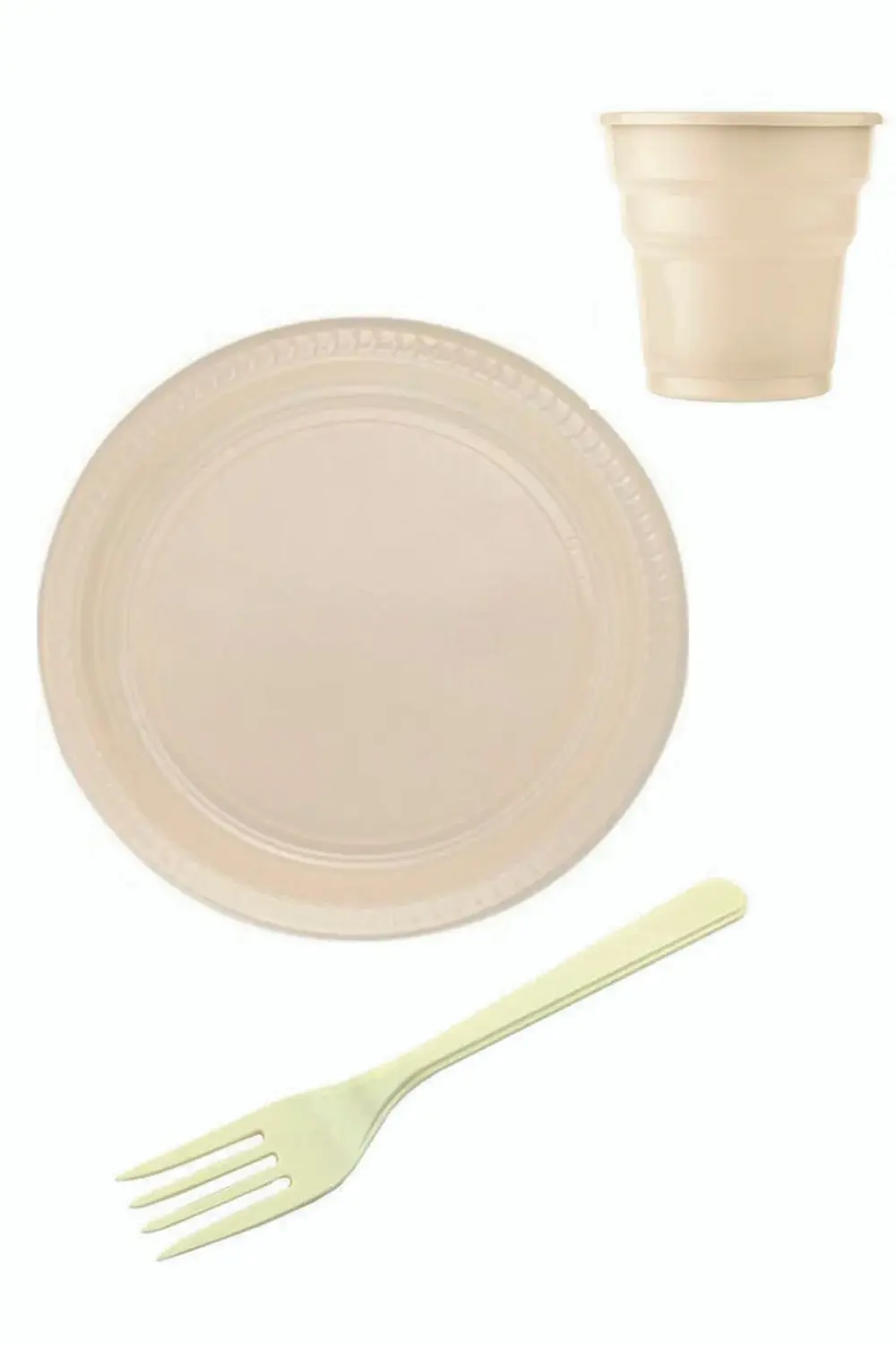 Krem Renk Tabak Bardak Çatal Seti Plastik 25 Kişilik Kullan At Te