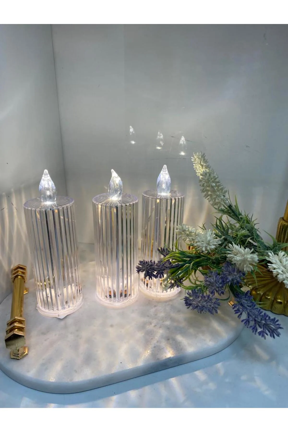 Kristal Cam Görünümlü Led Mum 3 Lü Set
