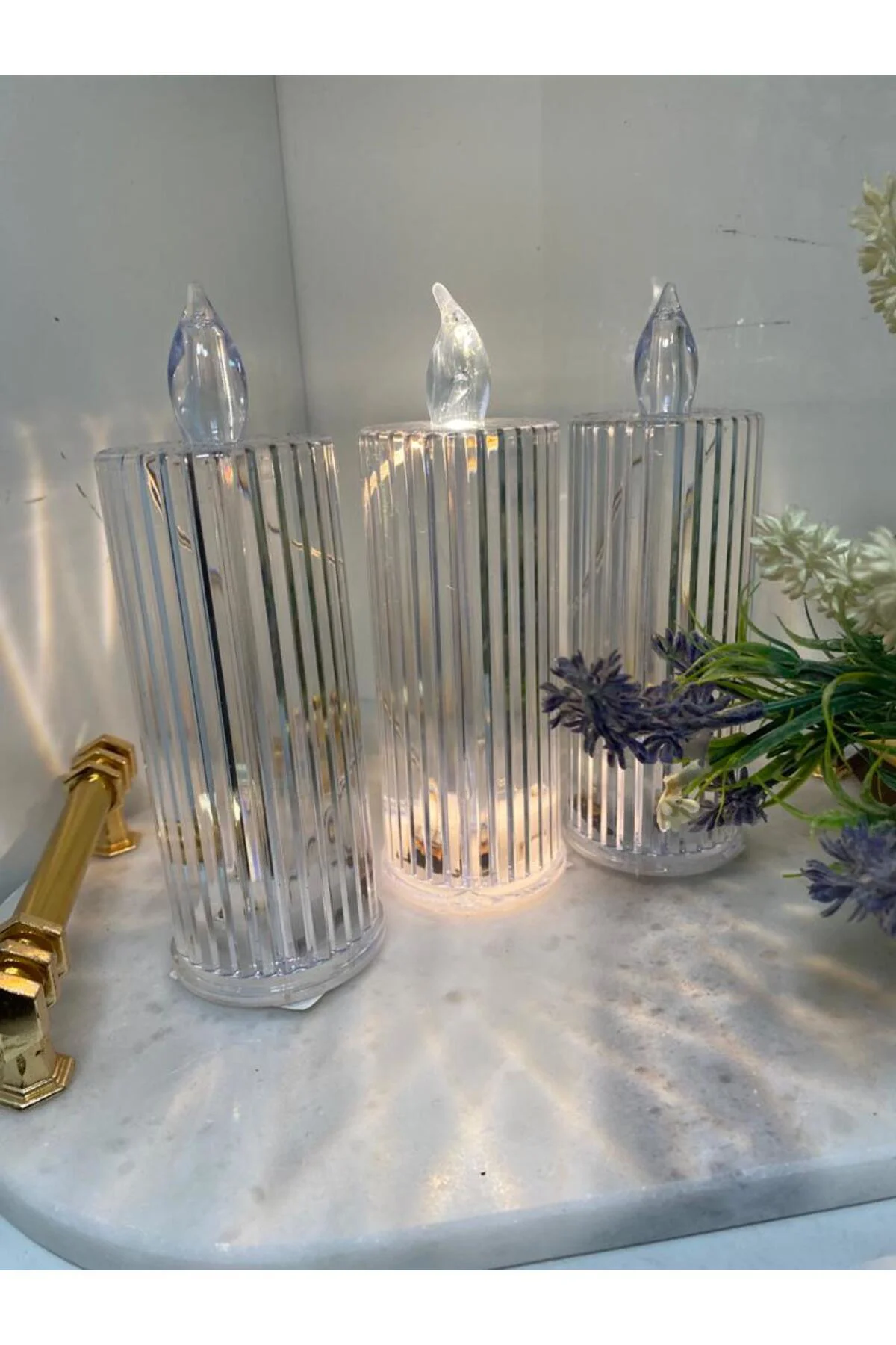 Kristal Cam Görünümlü Led Mum 3 Lü Set