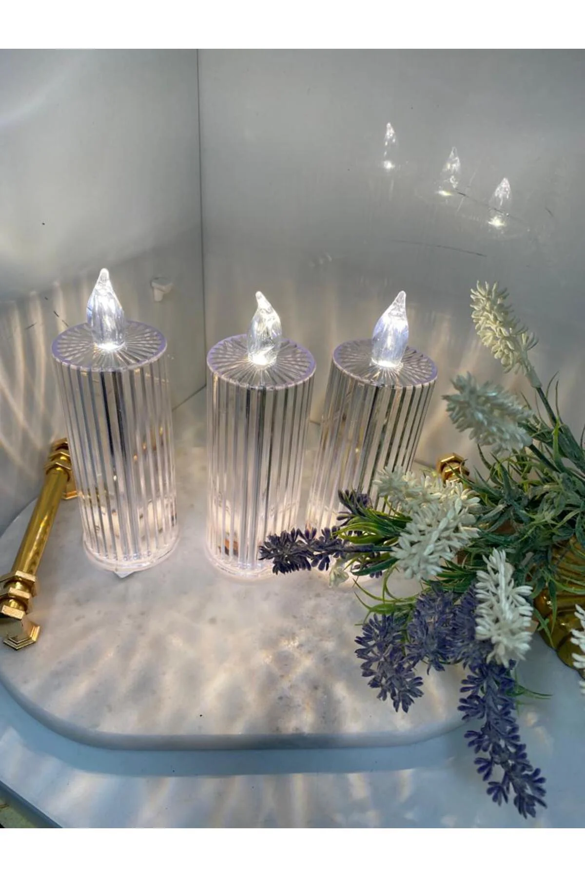Kristal Cam Görünümlü Led Mum 3 Lü Set