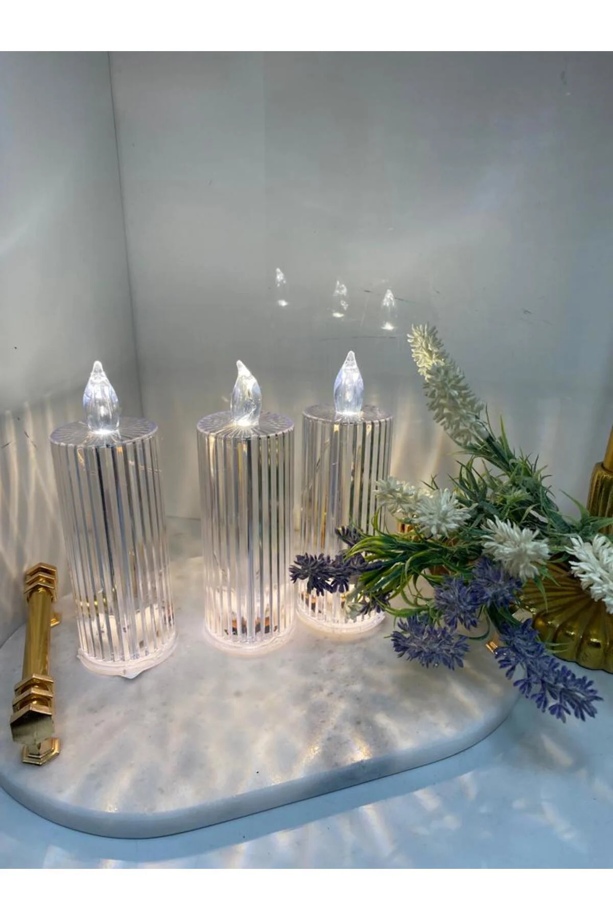 Kristal Cam Görünümlü Led Mum 3 Lü Set