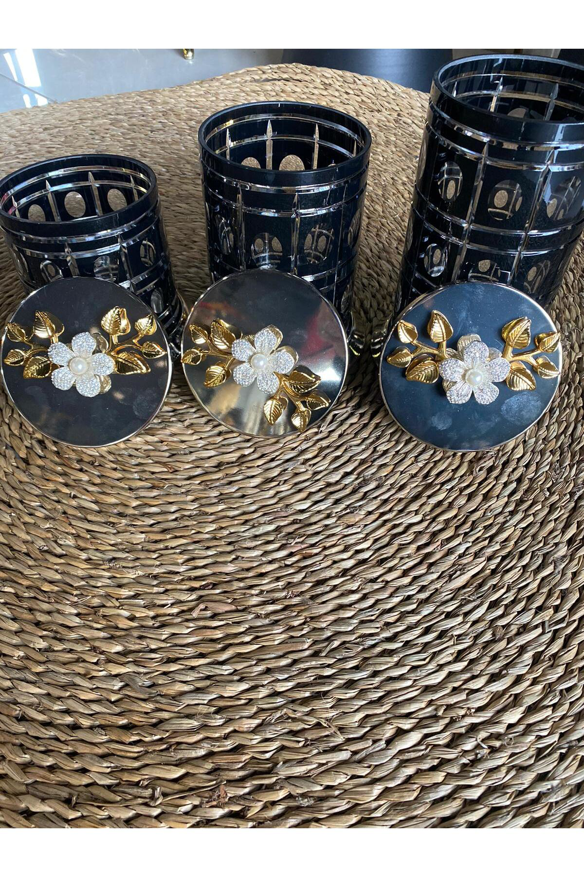 Elif Aksesuar Kristal Cam Taş İşlemeli Kavanoz 3Lü