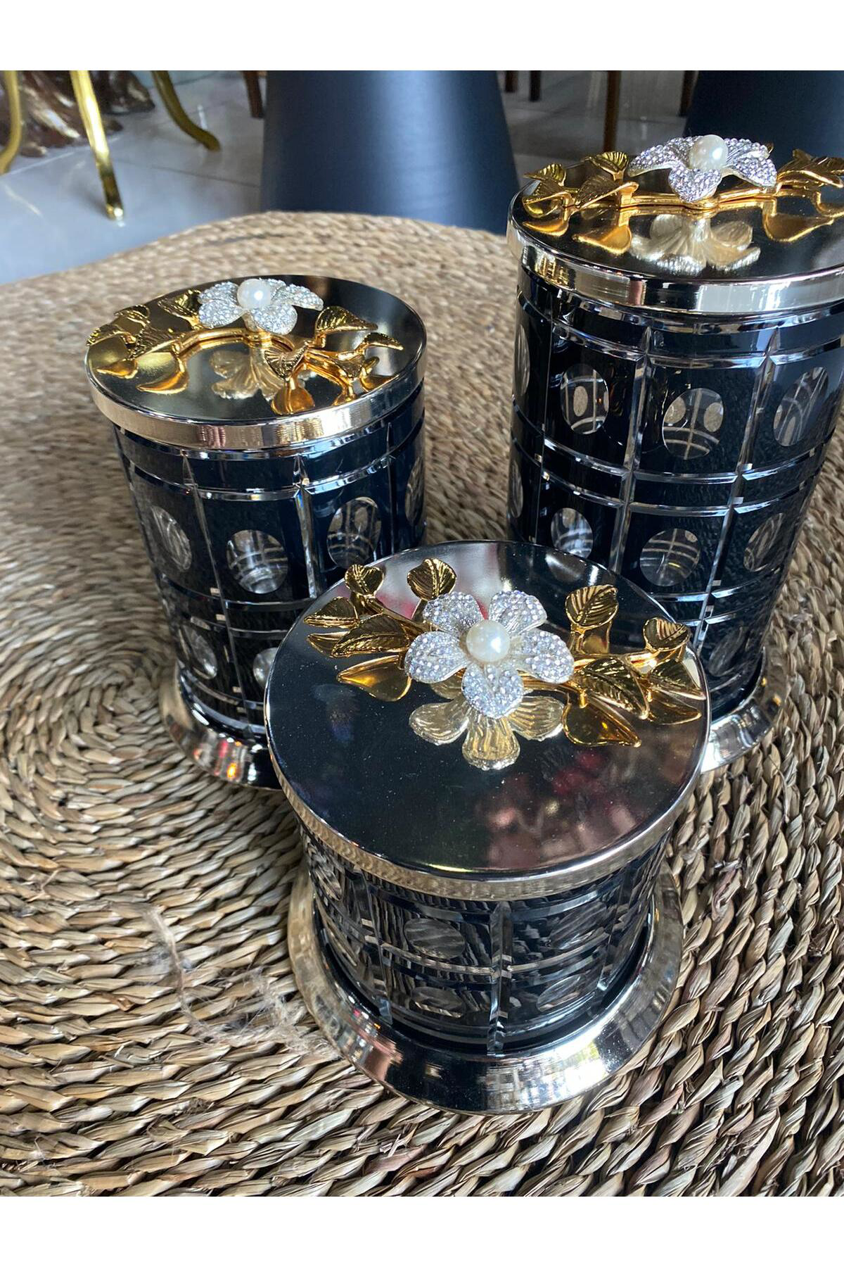 Elif Aksesuar Kristal Cam Taş İşlemeli Kavanoz 3Lü