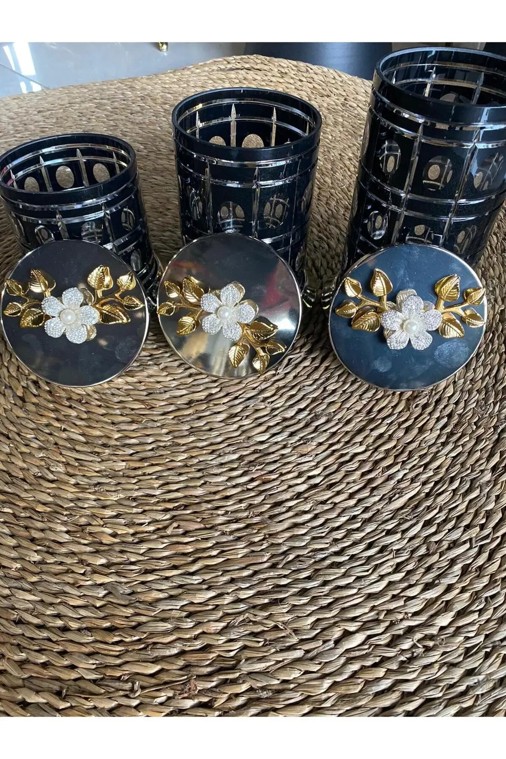 Kristal Cam Taş İşlemeli Kavanoz 3lü