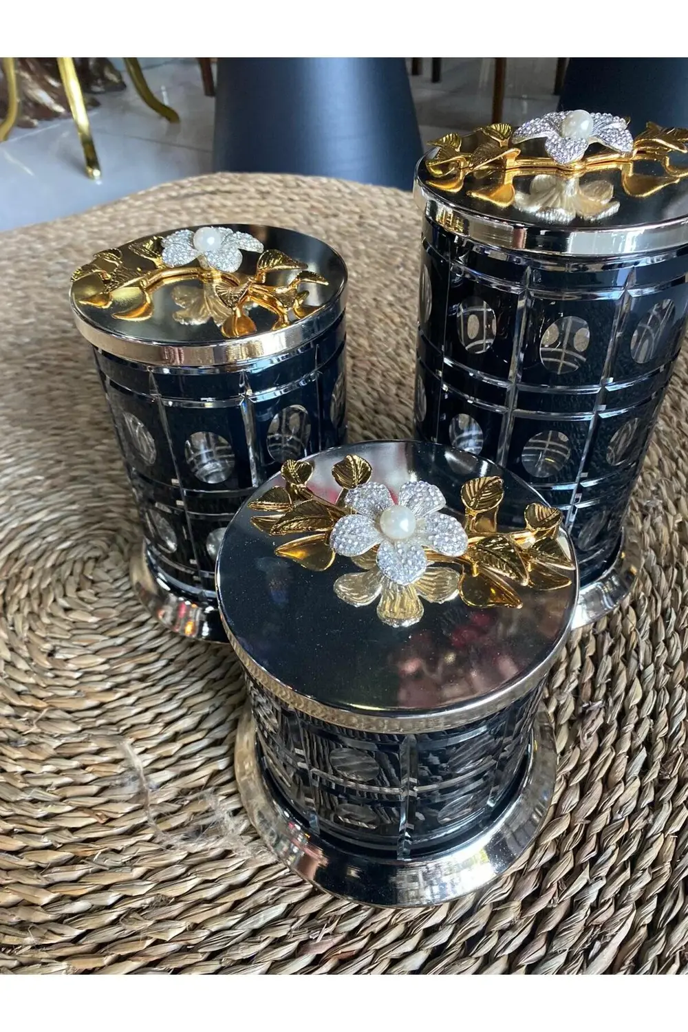 Kristal Cam Taş İşlemeli Kavanoz 3lü