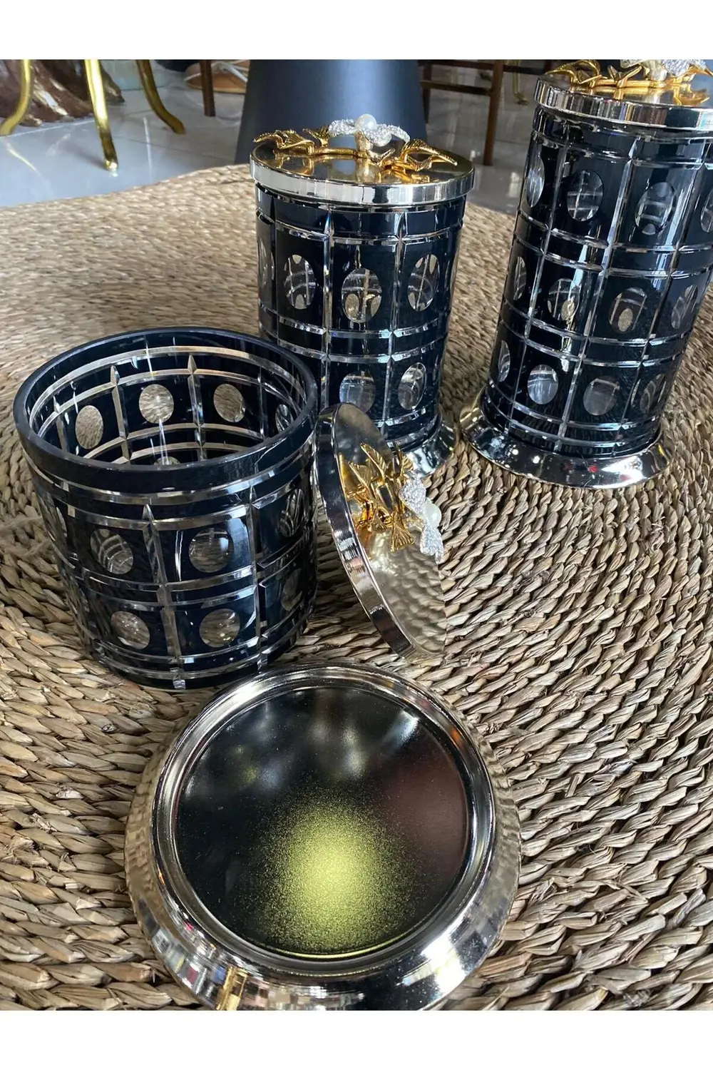 Kristal Cam Taş İşlemeli Kavanoz 3lü