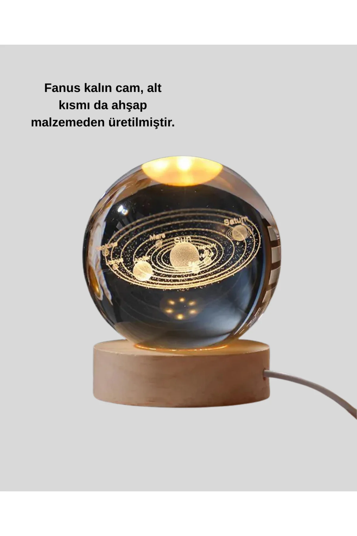 Kristal Gezegen Küre Ahşap Tabanlı Usb Işıklı Gece Lambası
