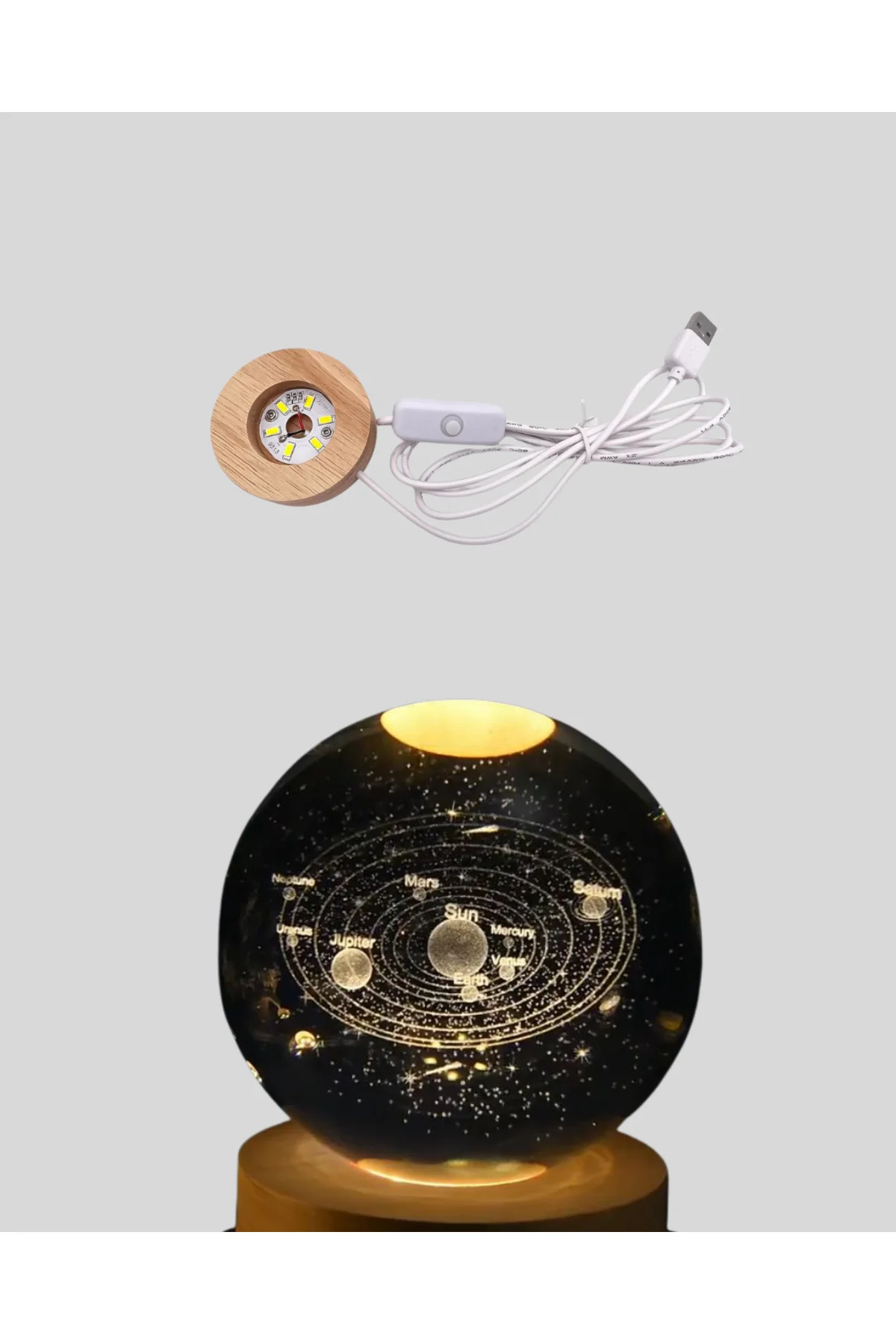 Kristal Gezegen Küre Ahşap Tabanlı Usb Işıklı Gece Lambası