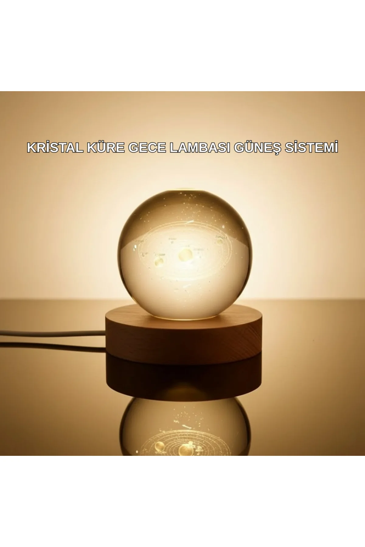 Kristal Gezegen Küre Ahşap Tabanlı Usb Işıklı Gece Lambası