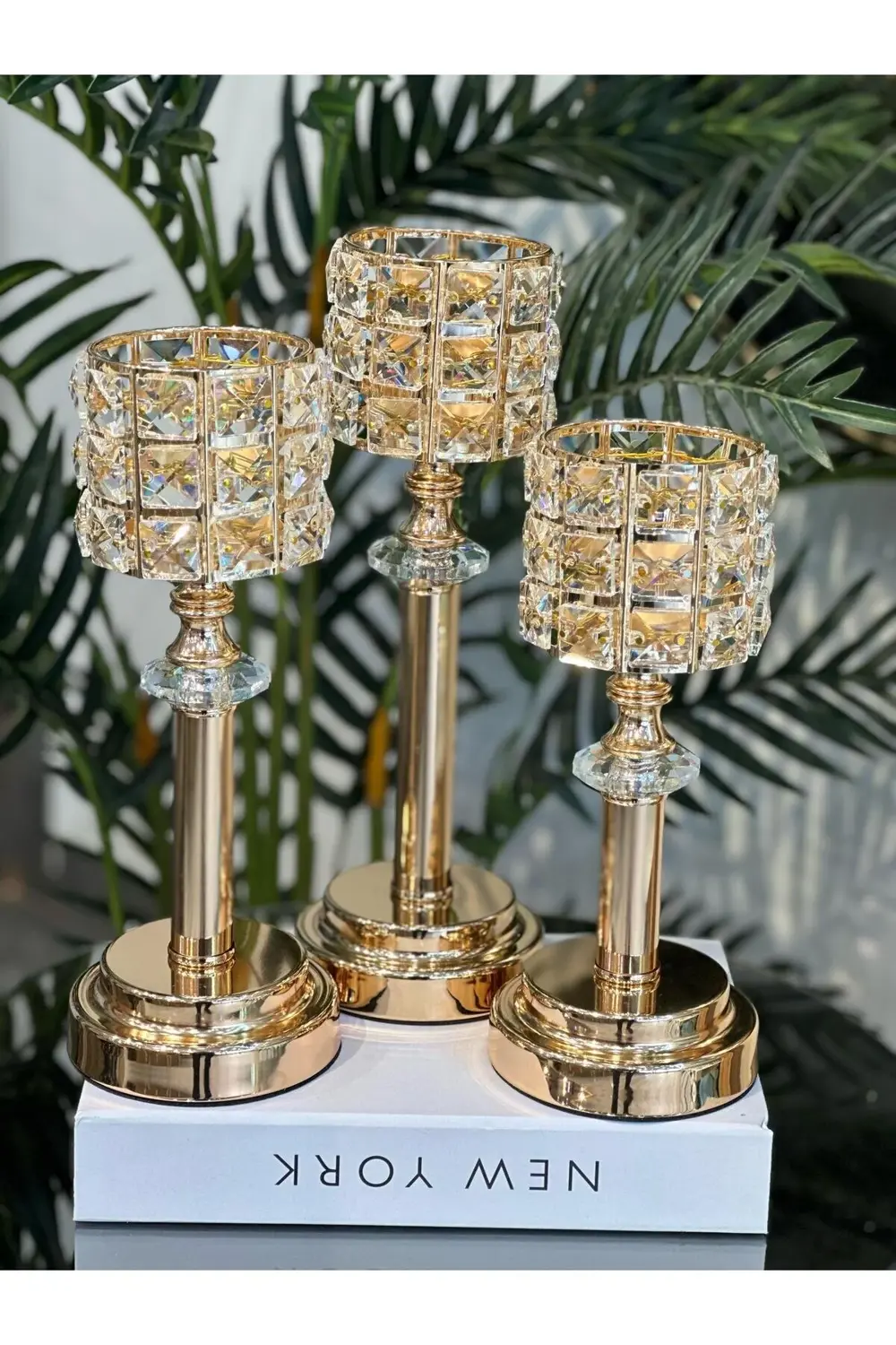 Kristal Kesim Taşlı 3'lü Lüks Şamdan Seti Gold