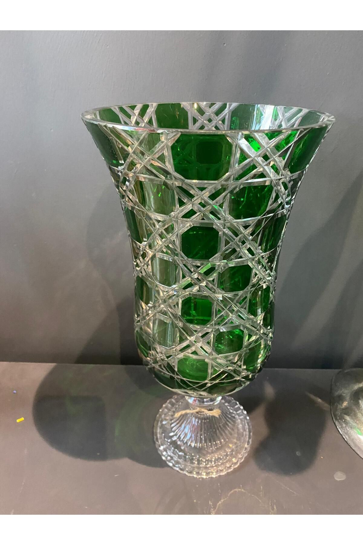 Elif Aksesuar Kristal Kesme Cam Kadeh Vazo Yeşil 37 Cm