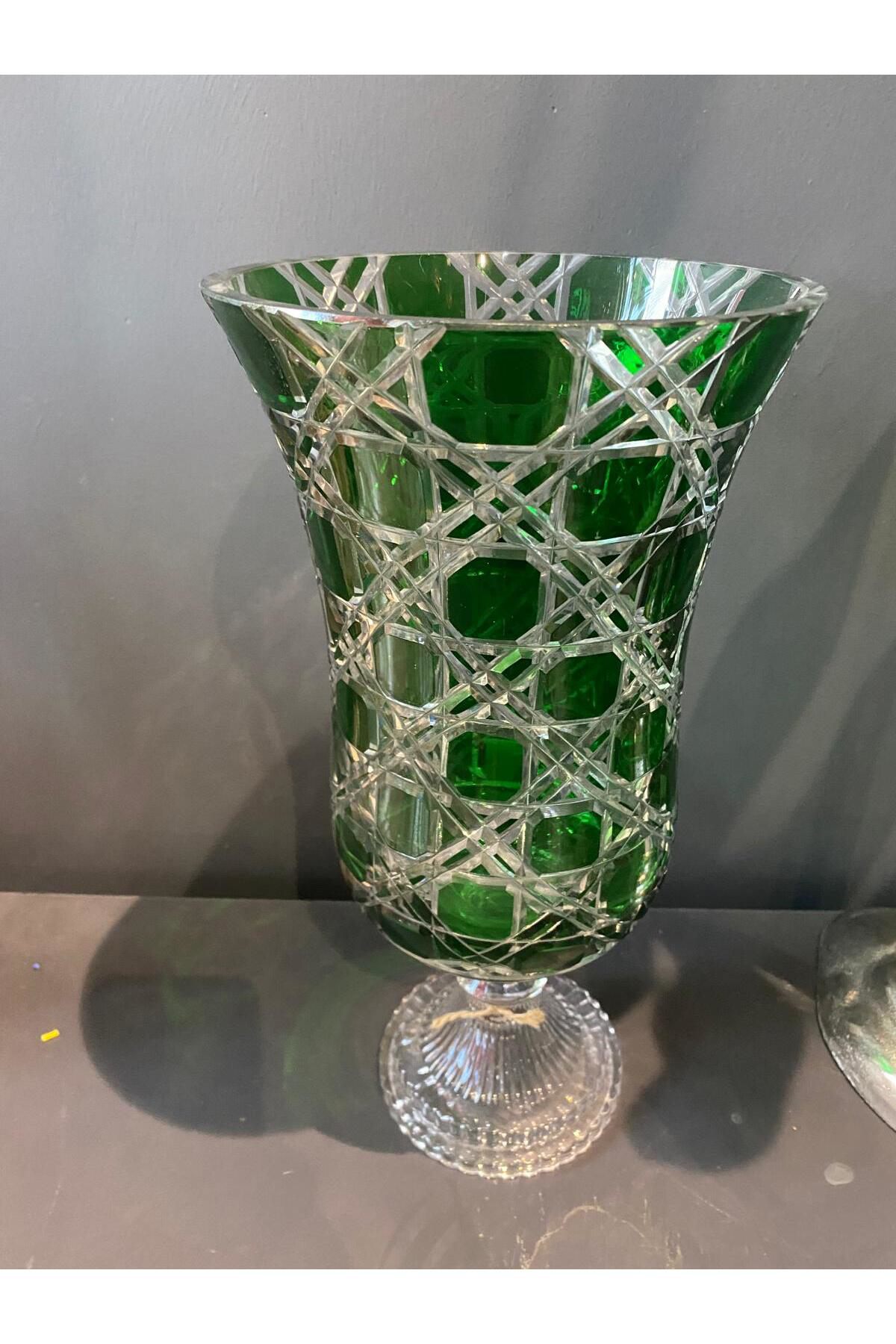 Elif Aksesuar Kristal Kesme Cam Kadeh Vazo Yeşil 37 Cm