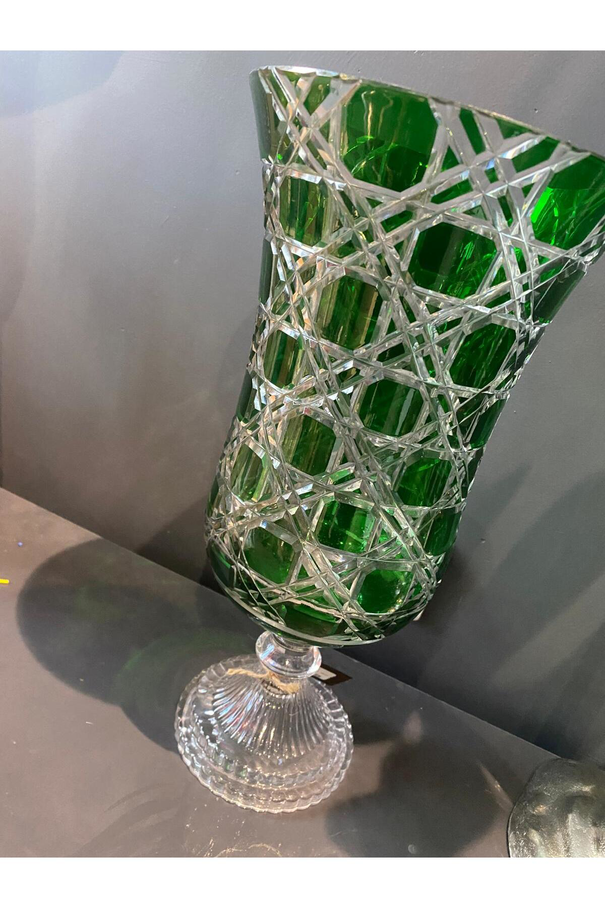Elif Aksesuar Kristal Kesme Cam Kadeh Vazo Yeşil 37 Cm