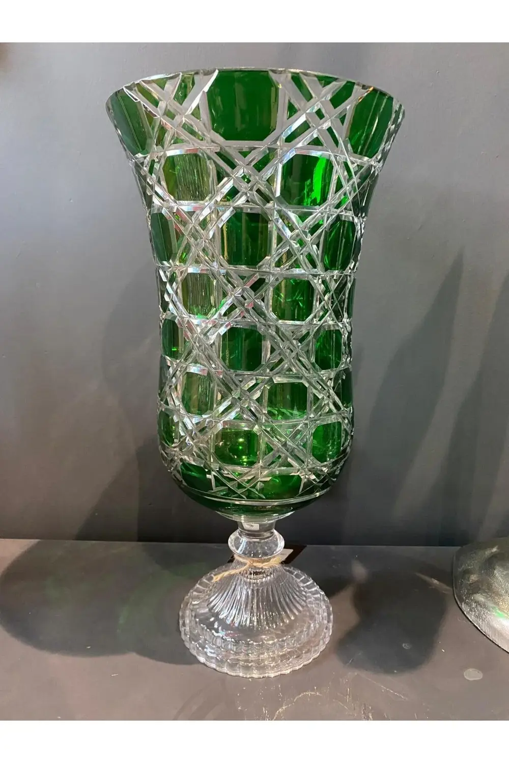 Kristal Kesme Cam Kadeh Vazo Yeşil 37 cm