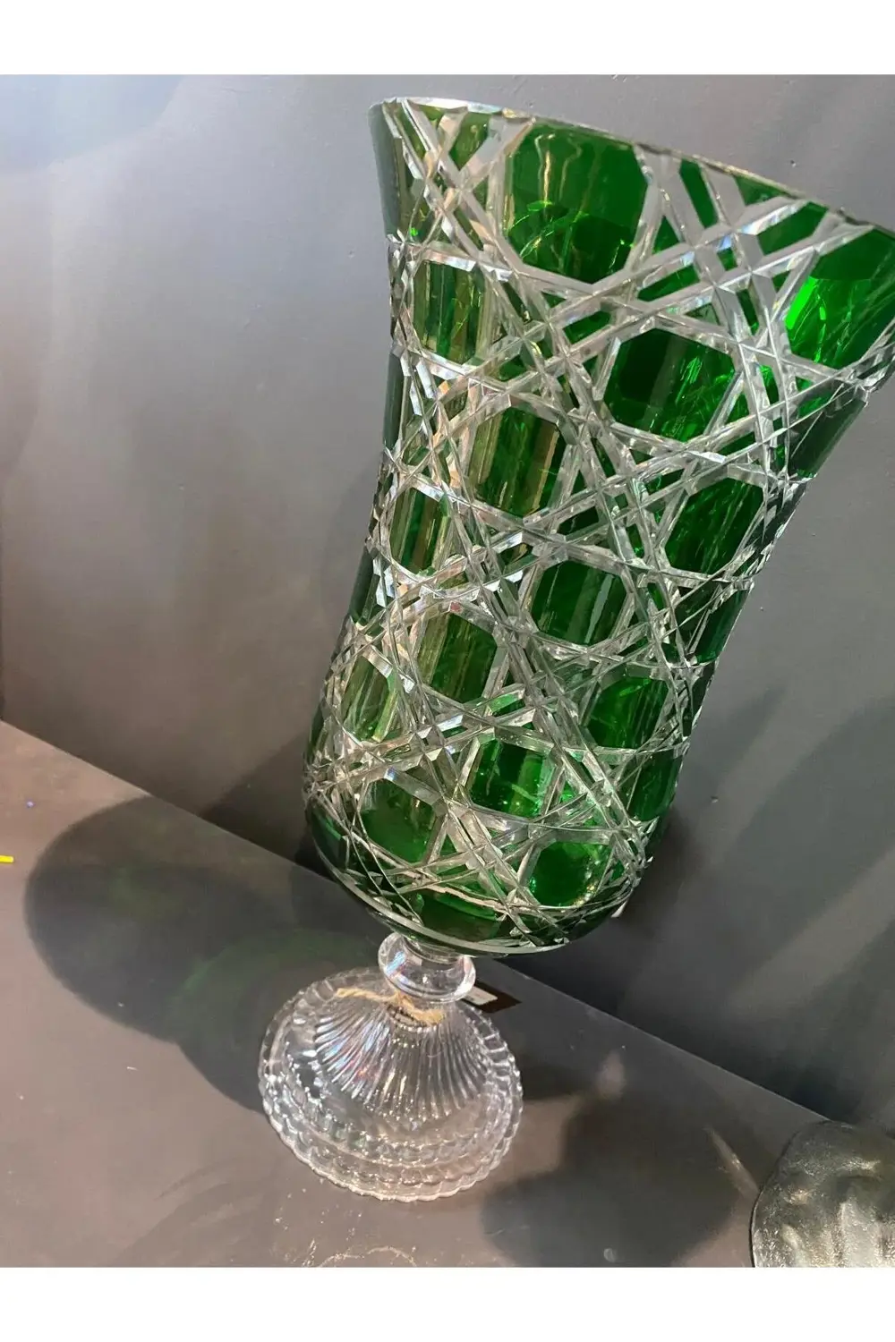 Kristal Kesme Cam Kadeh Vazo Yeşil 37 cm