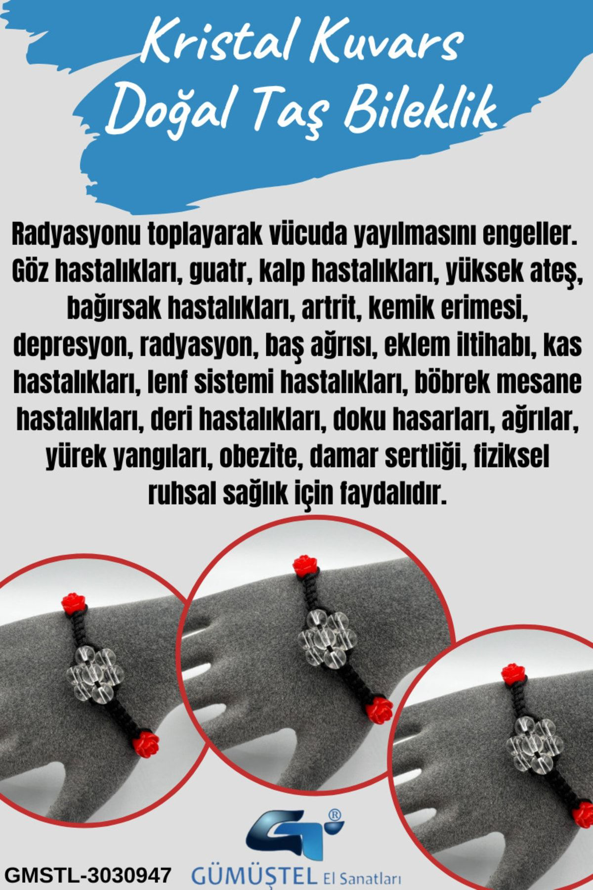 Kristal Kuvars Doğal Taş Bileklik Asansörlü Kilit Sistemi Aaa Kal