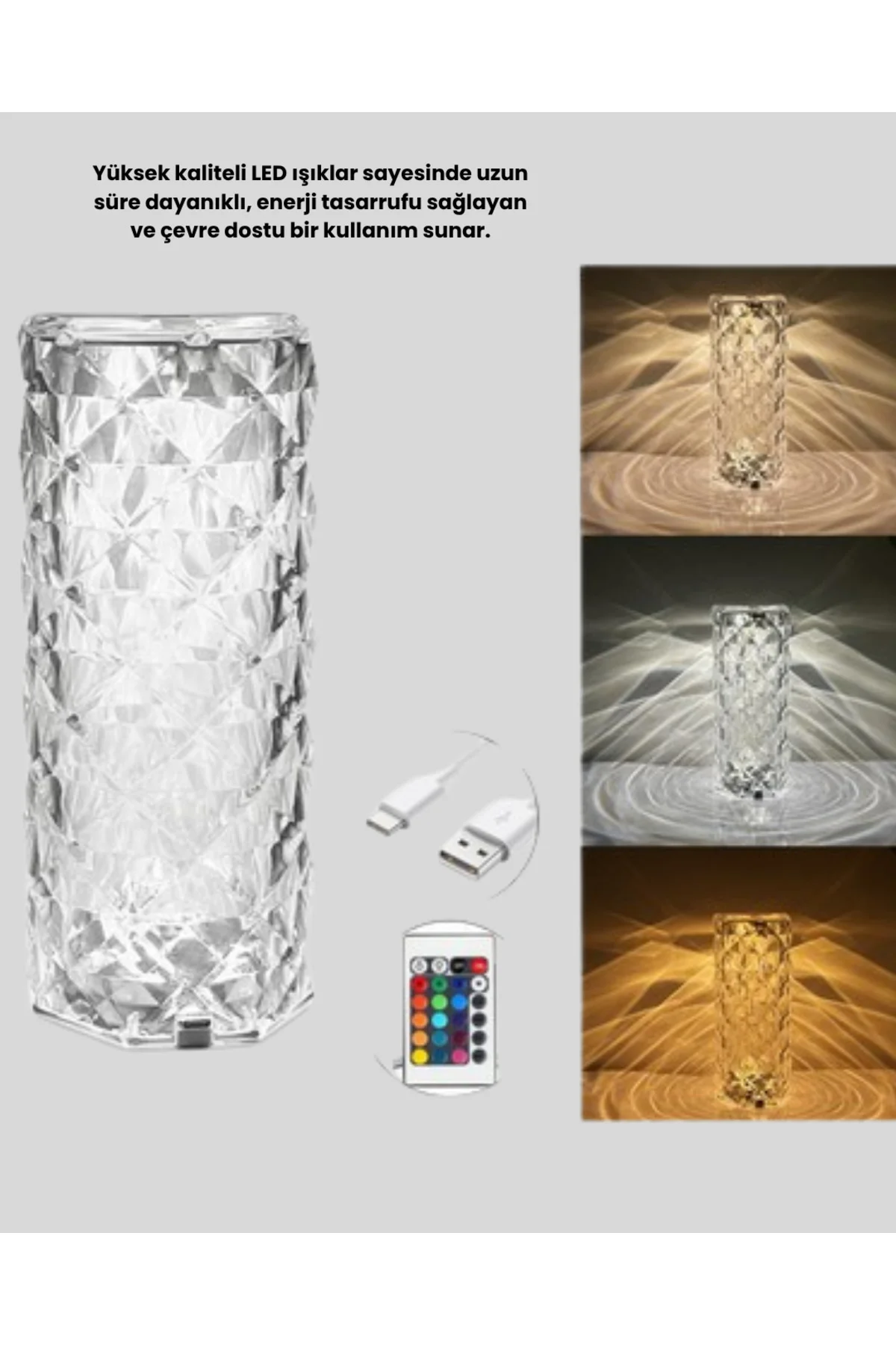 Kristal RGB LED’li Kumandalı Masa ve Gece Lambası – Renkli Işık Modlarıyla Şık Dekoratif Aydınlatma