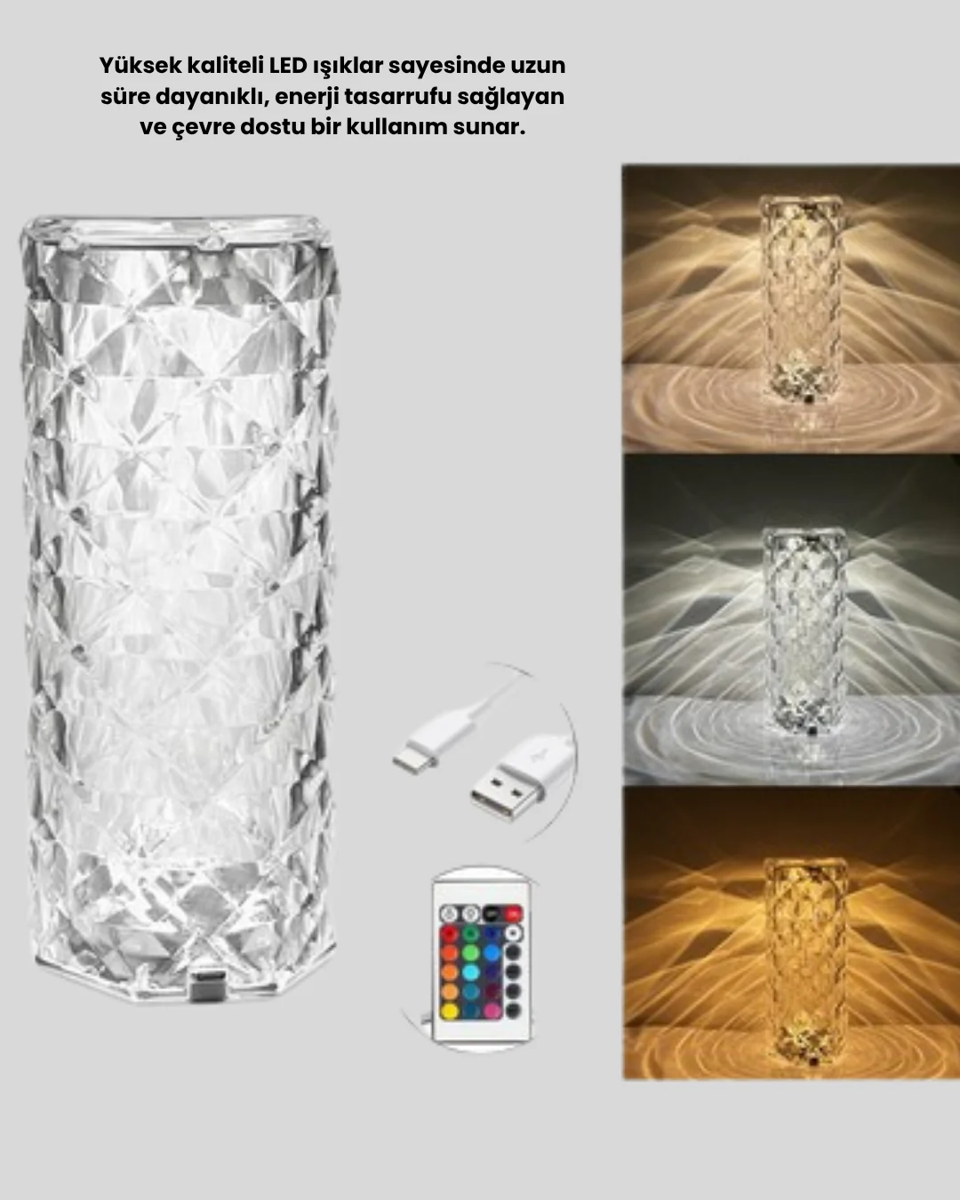 Kristal RGB LED’li Kumandalı Masa ve Gece Lambası – Renkli Işık Modlarıyla Şık Dekoratif Aydınlatma