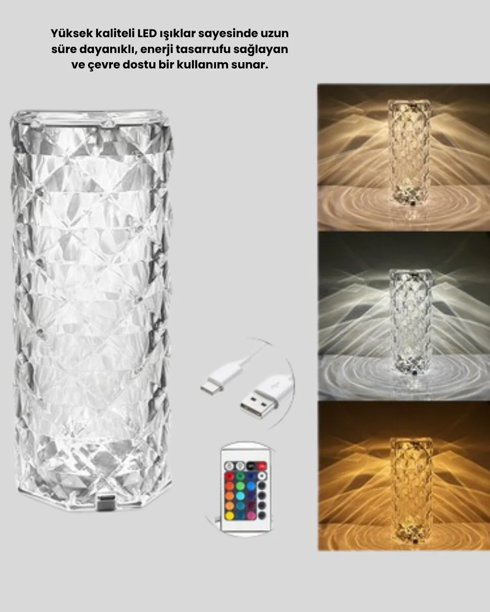 Kristal RGB LED’li Masa ve Gece Lambası – Kumandalı 16 Renk Modu ile Şık Dekorasyon