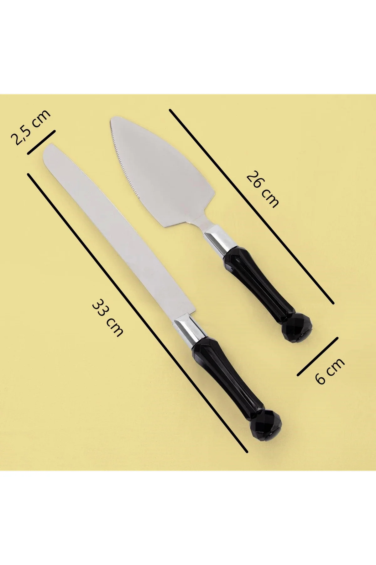 Kristal Saplı Pasta Spatula & Bıçak Servis Seti Siyah