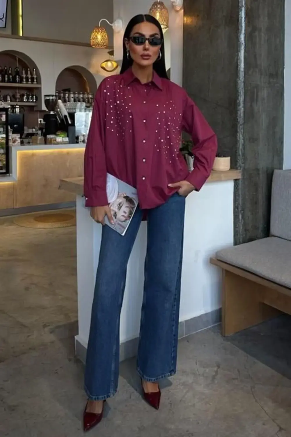 Kristal Taş Çakımlı Poplin Gömlek 3413