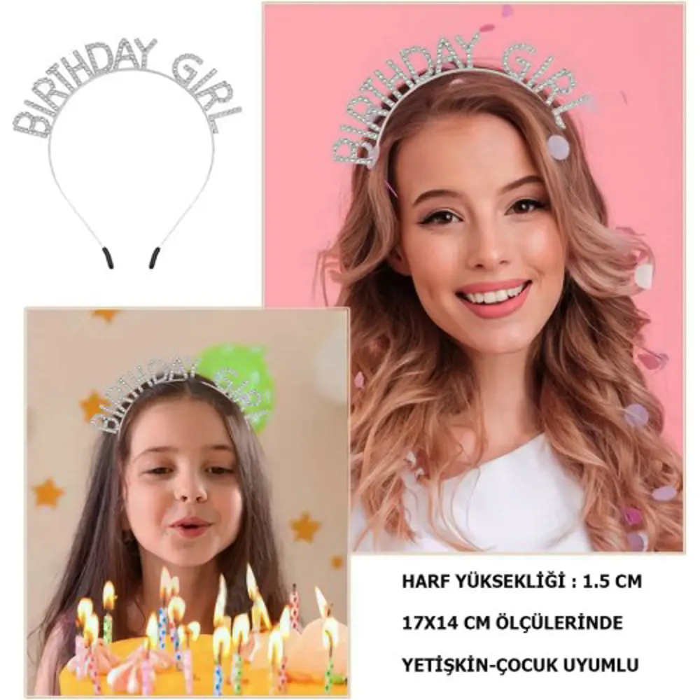 Kristal Taşlı Gümüş Birthday Girl Yazılı Doğum Günü Parti Tacı 19