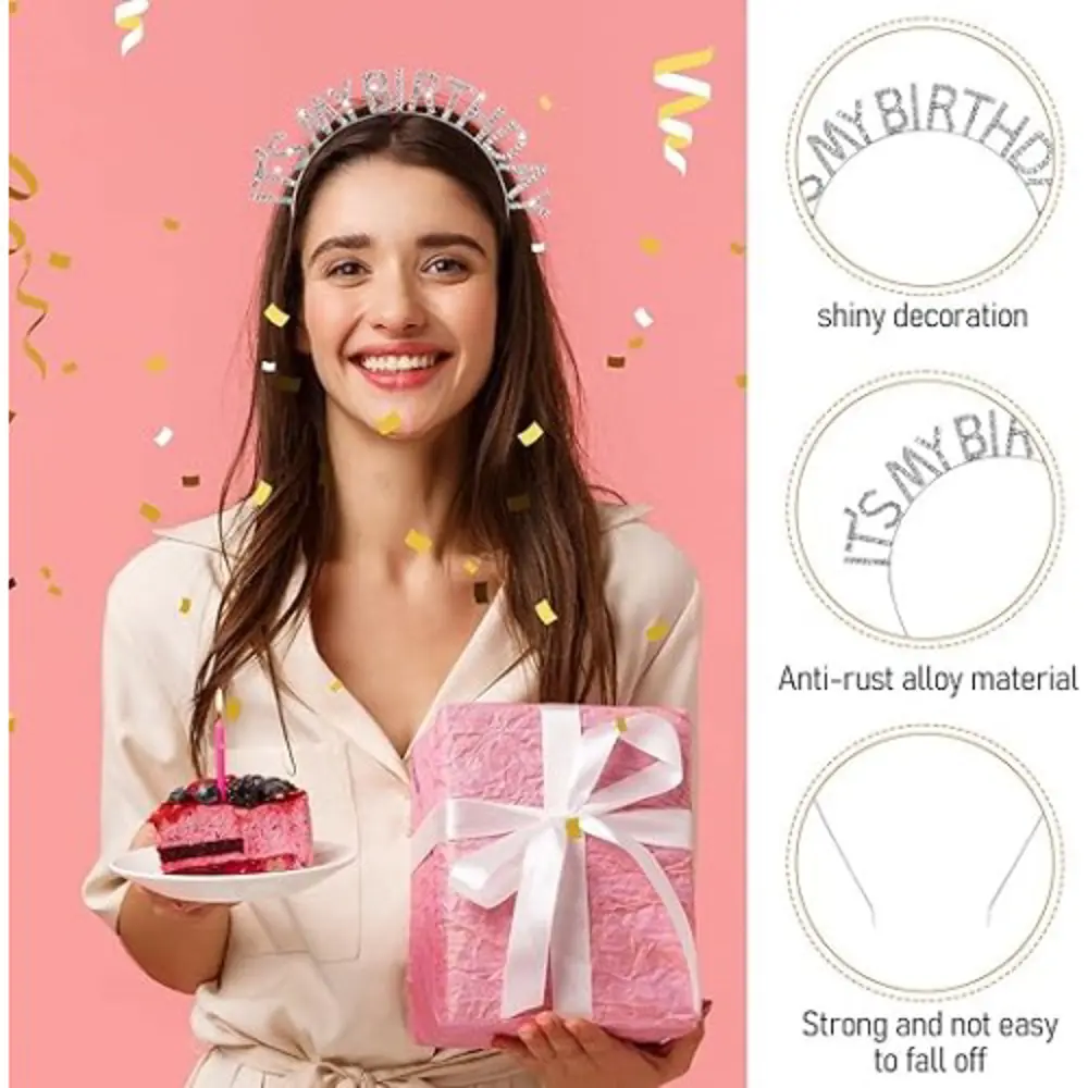 Kristal Taşlı Gümüş Renk İt's My Birthday Yazılı Doğum Günü Parti