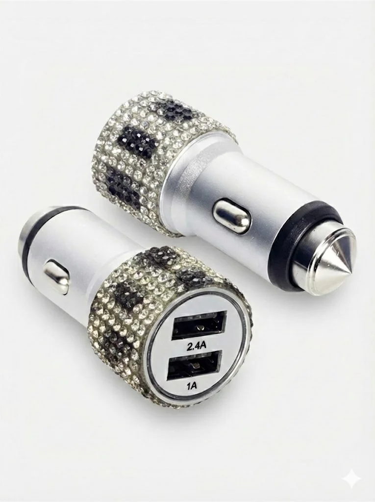 Kristal Taşlı Metal Araç Çakmaklık Şarj Aleti Çift USB-A Girişli 