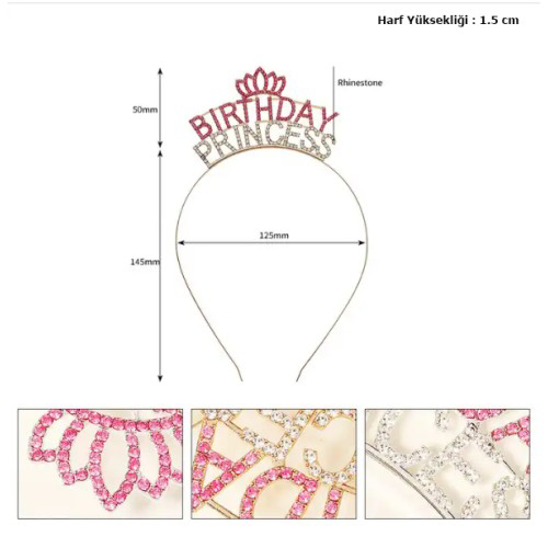Kristal Taşlı Pembe Birthday Princess Yazılı Parti Tacı 19x11 cm Kristal Taşlı Pembe Birthday Princess Yazılı Parti Tacı 19x11 cm