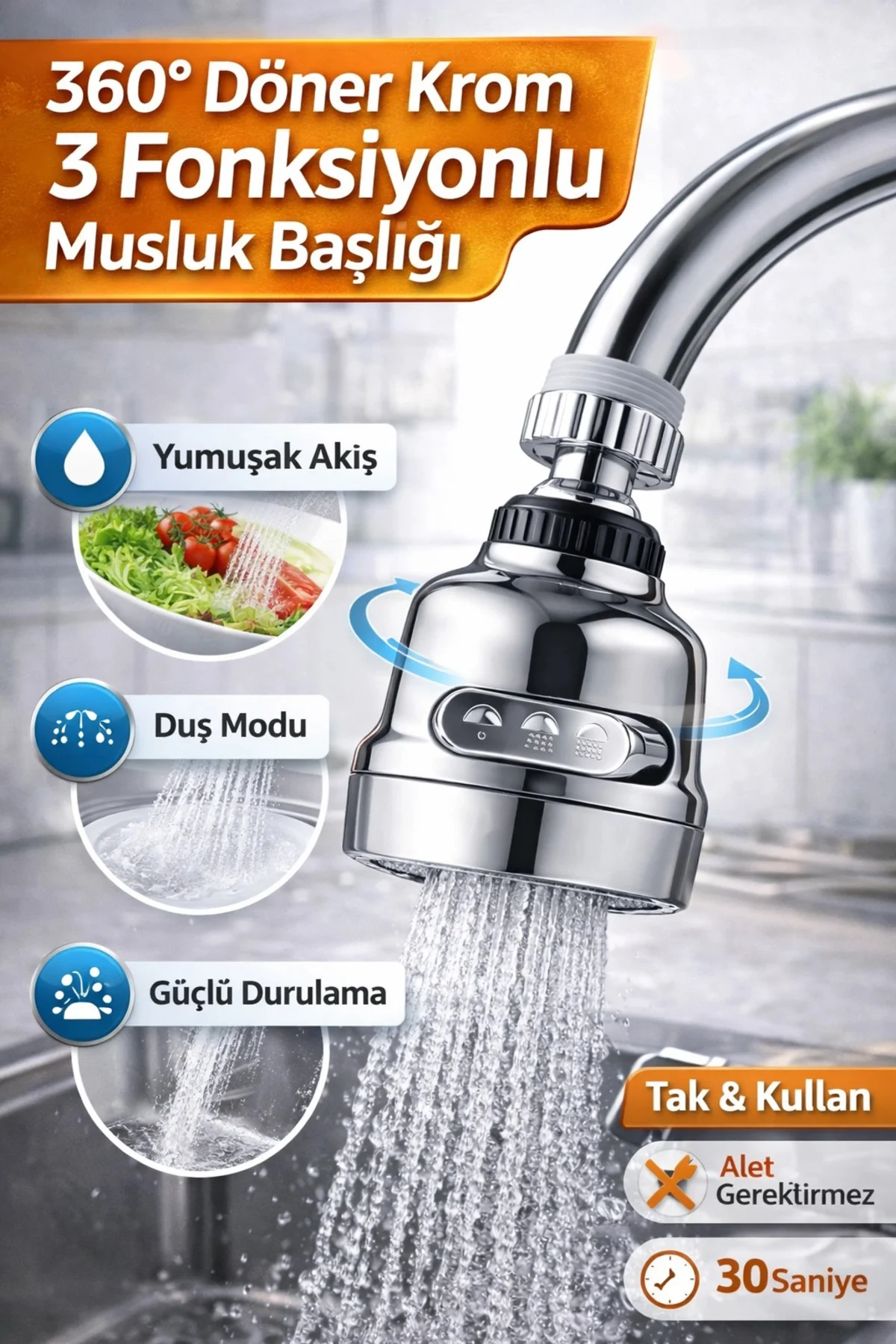 Krom 3 Fonksiyonlu Su Tasarruflu Musluk Başlığı Mutfak Çeşme Evye