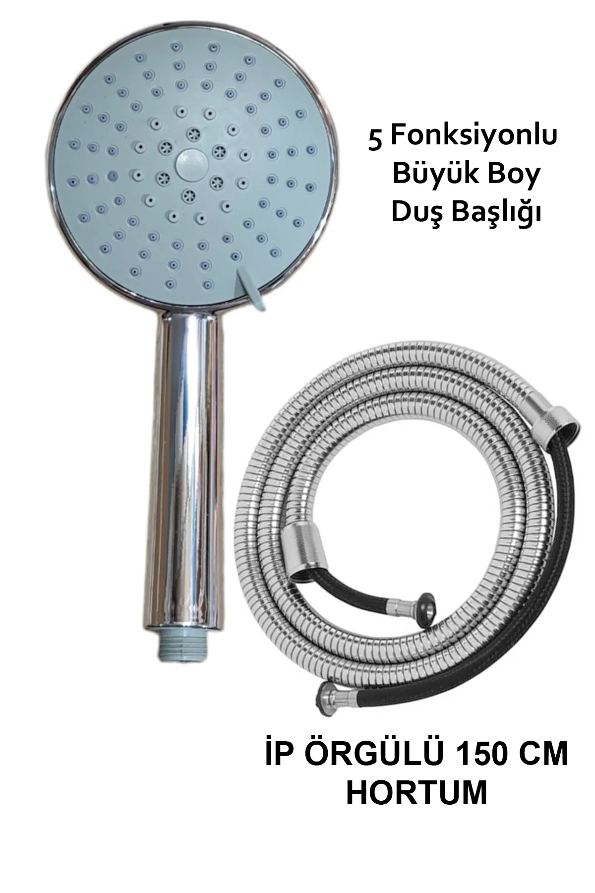 Krom Büyük Duş Başlığı 5 Fonksiyonlu & 150 cm ip örgülü süper dayanıklı hortum Krom Büyük Duş Başlığı 5 Fonksiyonlu & 150 cm ip örgülü süper dayanıklı hortum