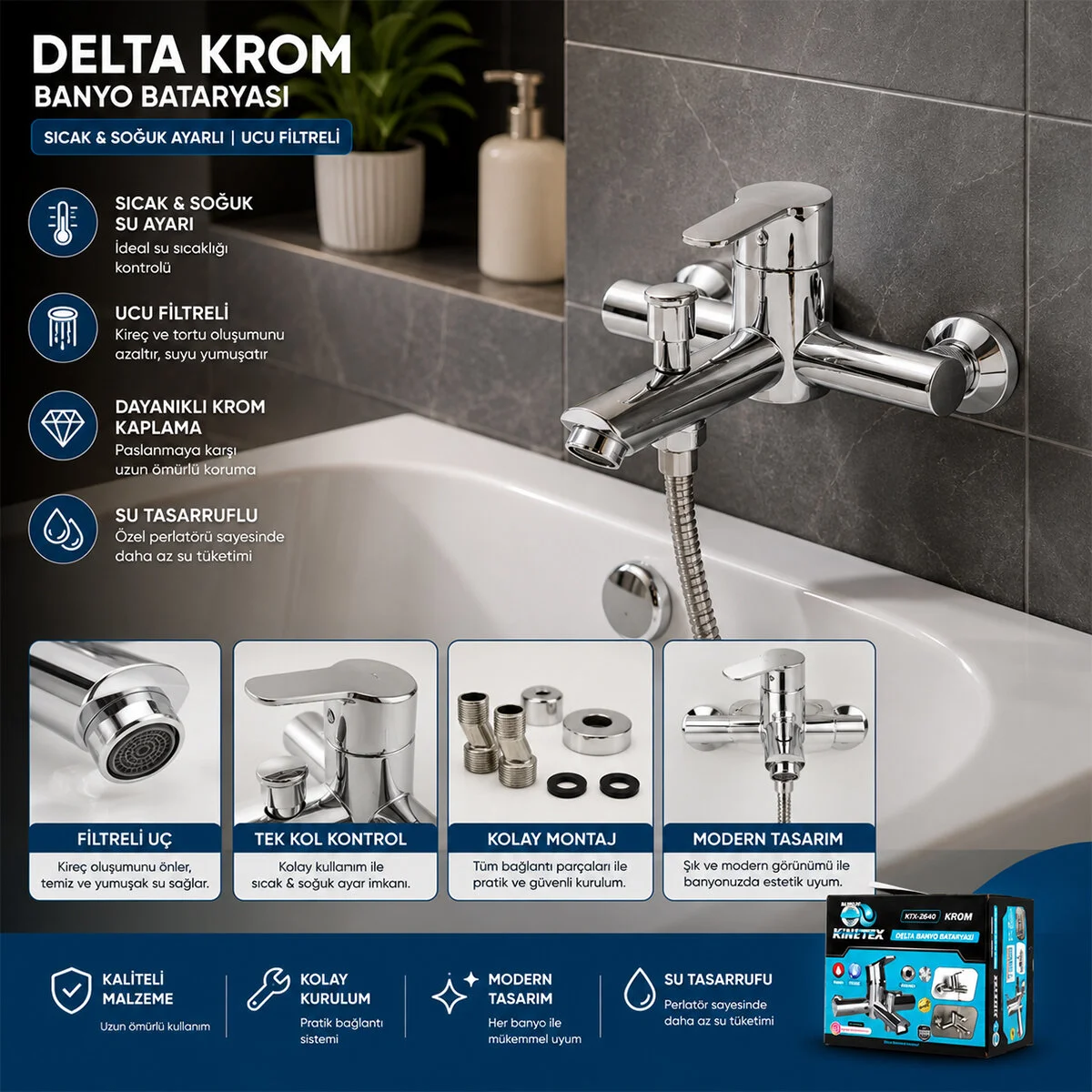 Krom Delta Banyo Bataryası Aç Kapa KTX-2640 Krom Delta Banyo Bataryası Aç Kapa KTX-2640