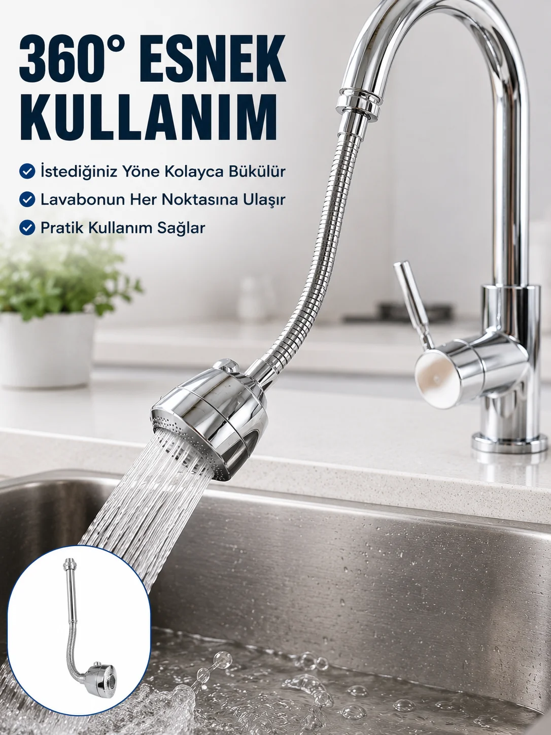 Krom Musluk Uzatma Aparatı  360° Dönebilen Su Tasarruflu Lavabo Fıskiyesi