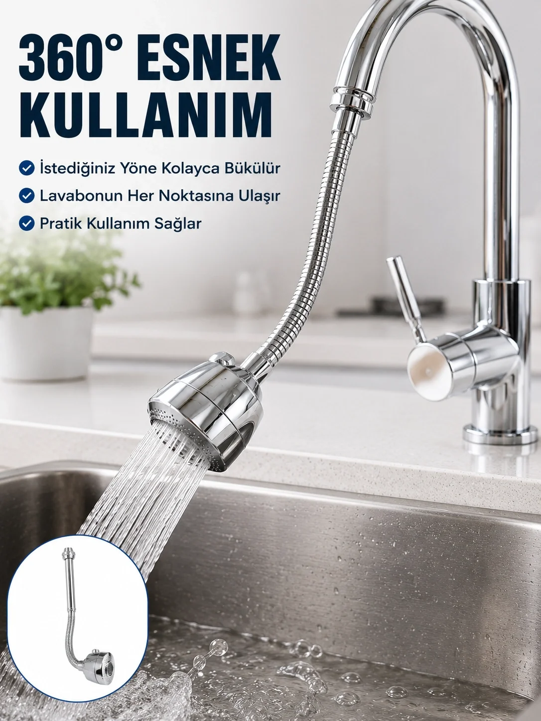 Krom Musluk Uzatma Aparatı  360° Dönebilen Su Tasarruflu Lavabo F