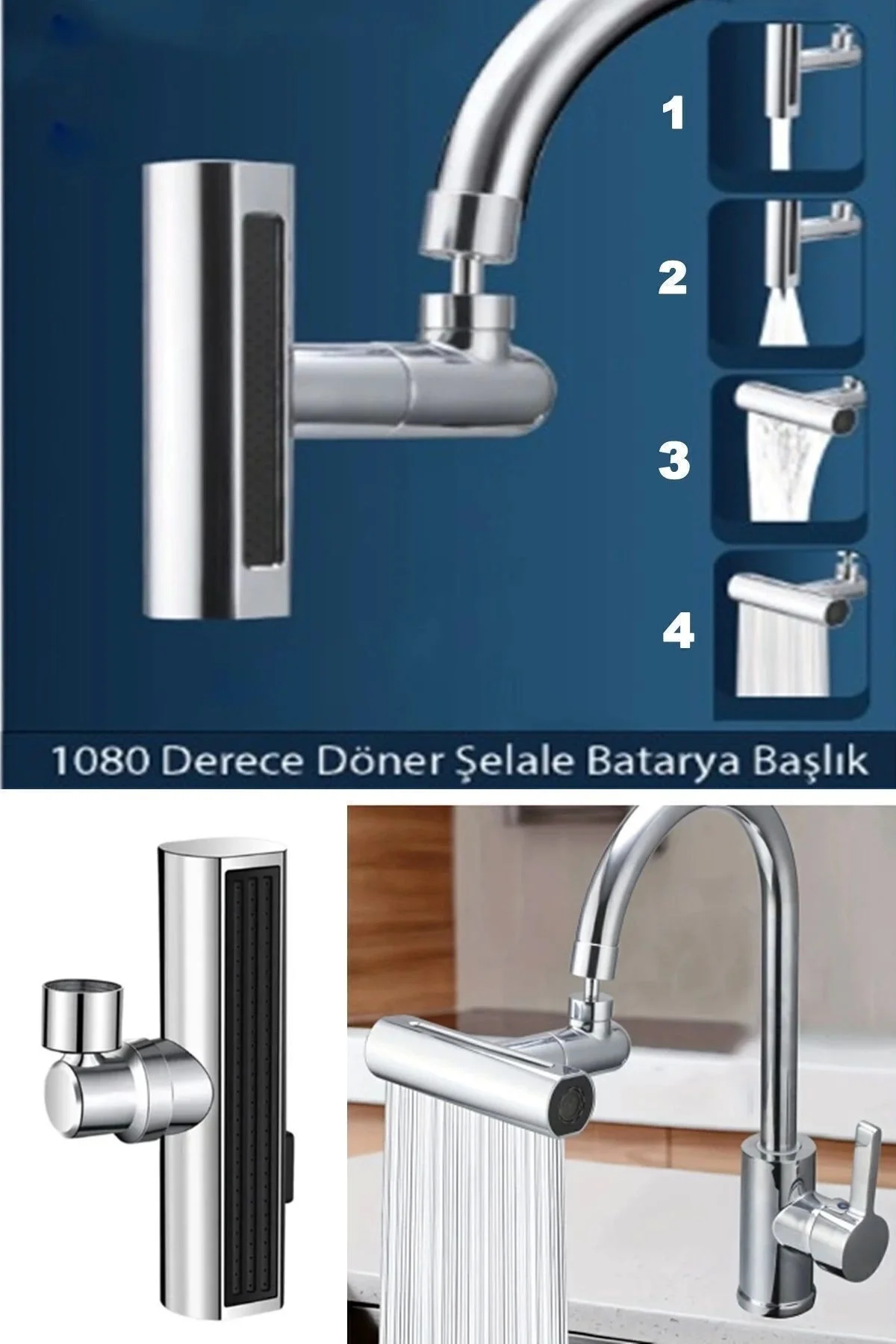 Krom Tasarruflu Şelale Musluk Başlığı 4 Modlu, Ayarlanabilir, Su 