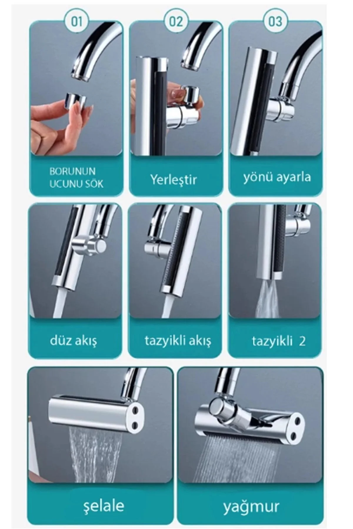 Krom Tasarruflu Şelale Musluk Başlığı 4 Modlu, Ayarlanabilir, Su 