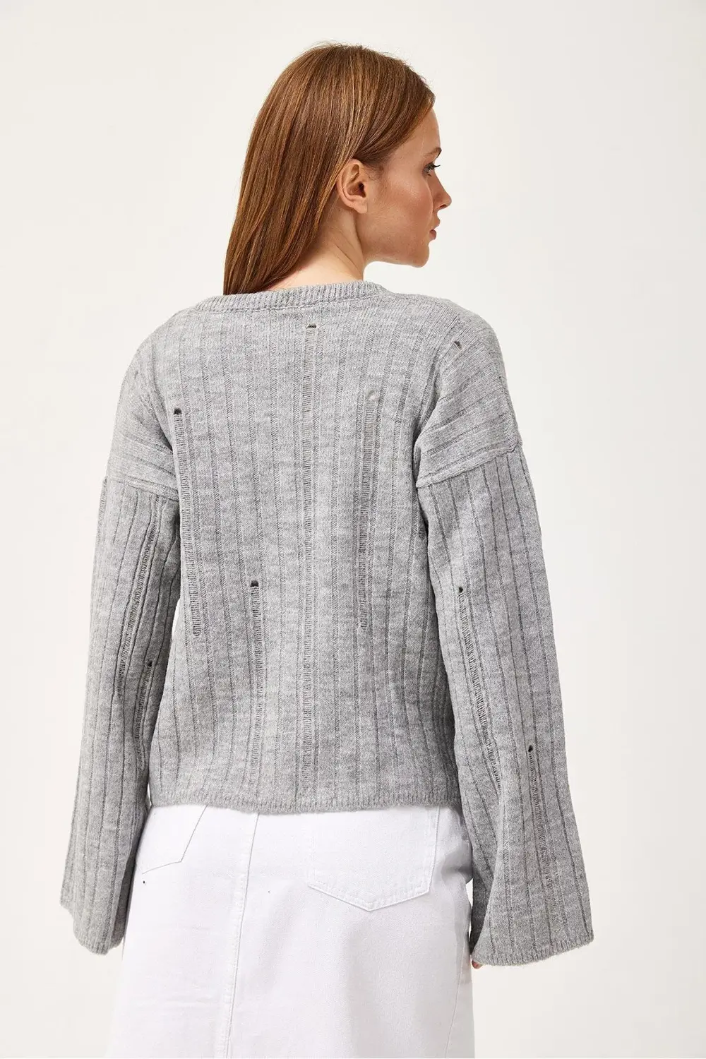 Kruvaze Yaka Düğmeli Triko Hırka Gri