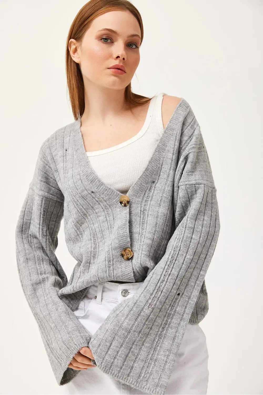 Kruvaze Yaka Düğmeli Triko Hırka Gri