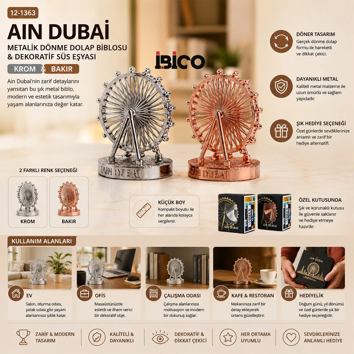 Küçük Aın Dubai Metalik Dönme Dolap Biblosu - Dekoratif Süs Eşyası Krom - Bakır Fiyatı, Yorumları ve Özellikleri