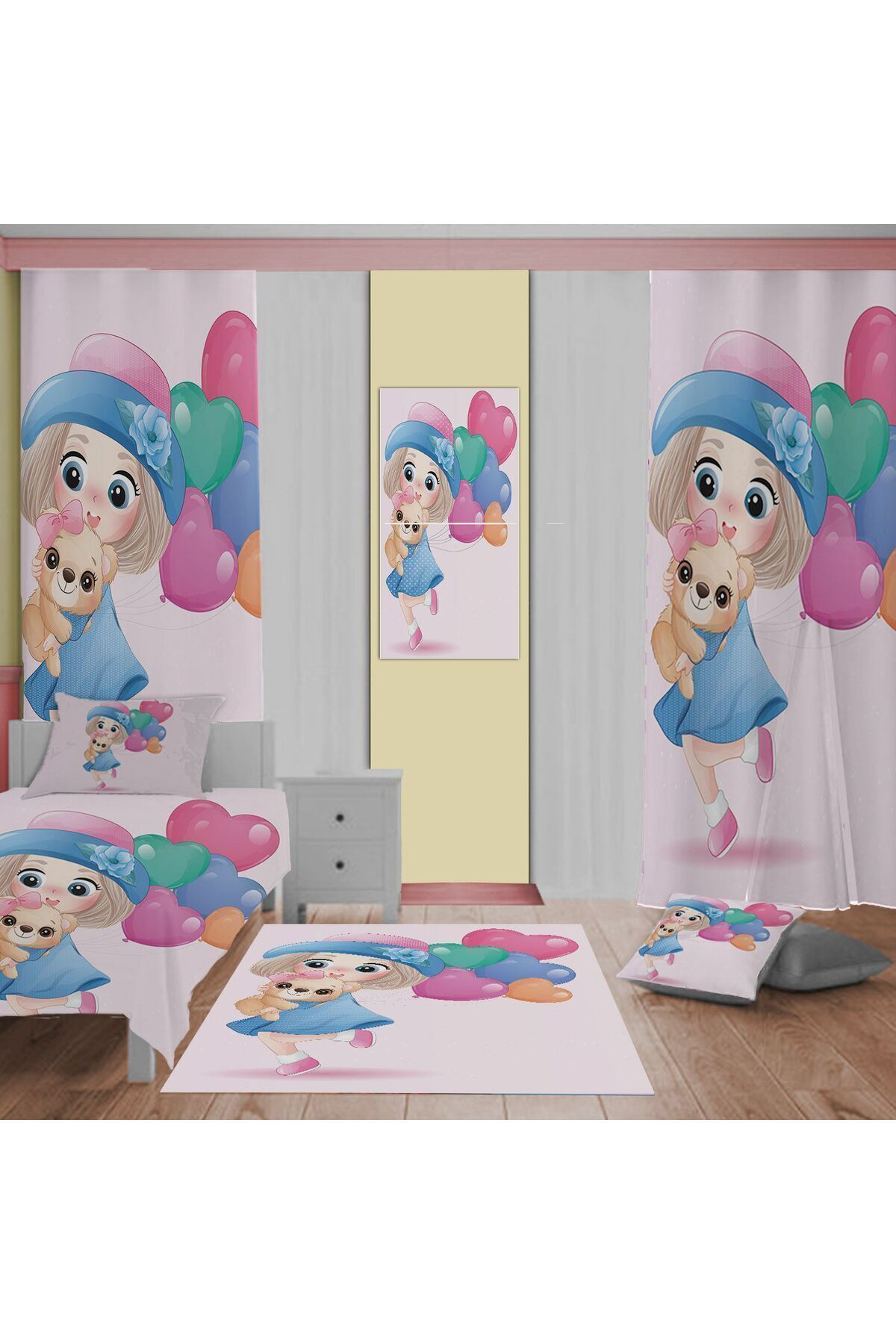 Evan Home Küçük Ayi Desenli Çocuk Odasi Takim Perde (İki Kanat),Yatak Örtüsü,Yastik,Kirlent ,Hali,Tablo