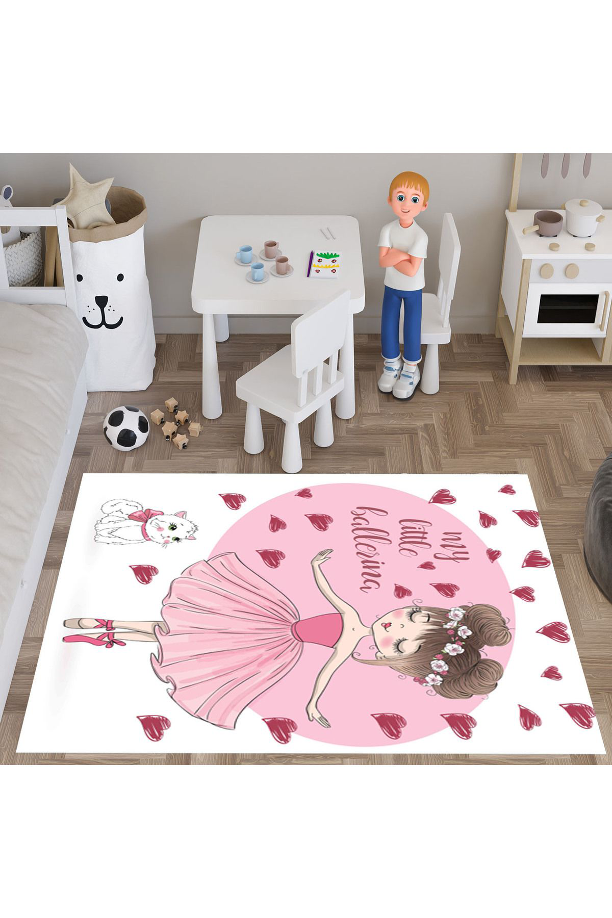 Evan Home Küçük Balerin Desenli Çocuk Odası Takım Perde (İki Kanat),Yatak Örtüsü,Yastık,Kırlent ,Halı,