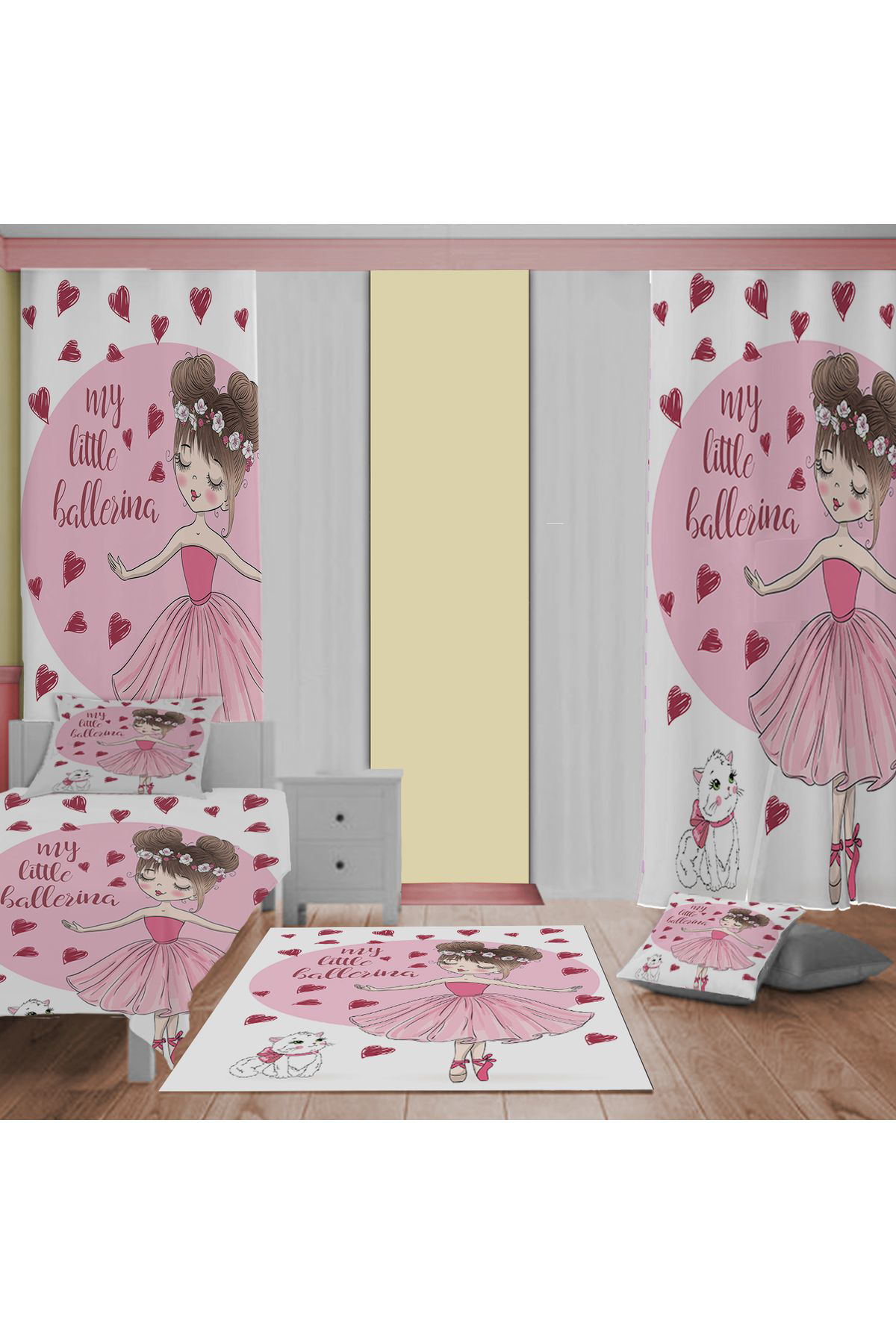 Evan Home Küçük Balerin Desenli Çocuk Odası Takım Perde (İki Kanat),Yatak Örtüsü,Yastık,Kırlent ,Halı,