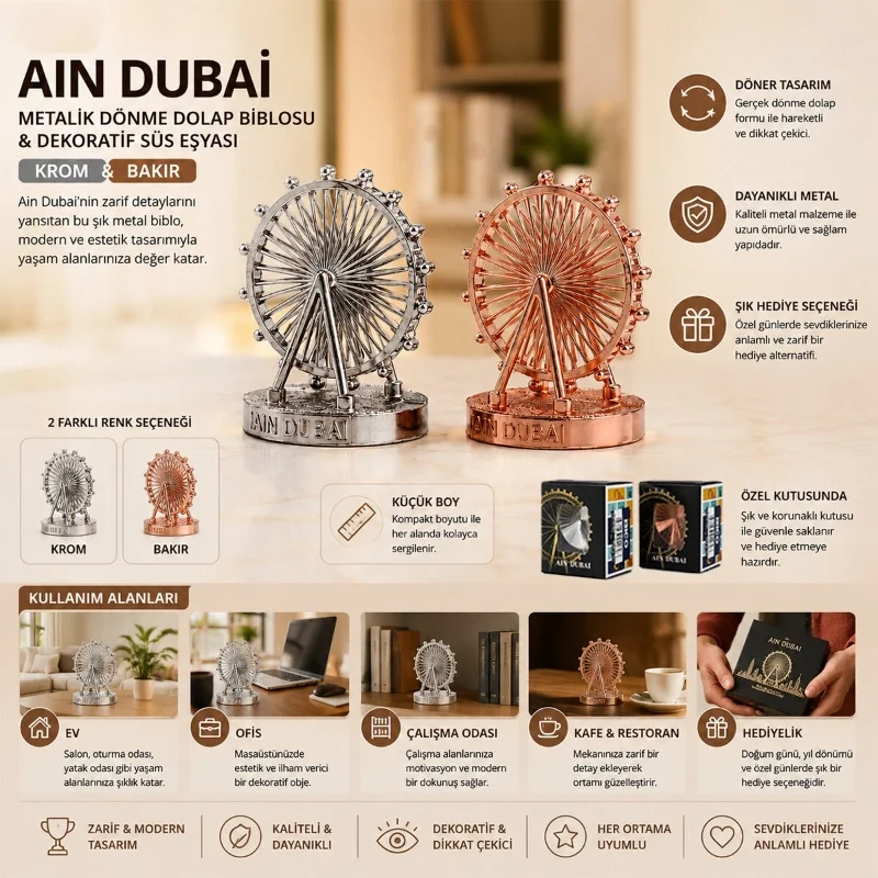 Küçük Boy Metalik Dönme Dolap Biblosu - Ain Dubai Figürü - Dekoratif Süs Eşyası