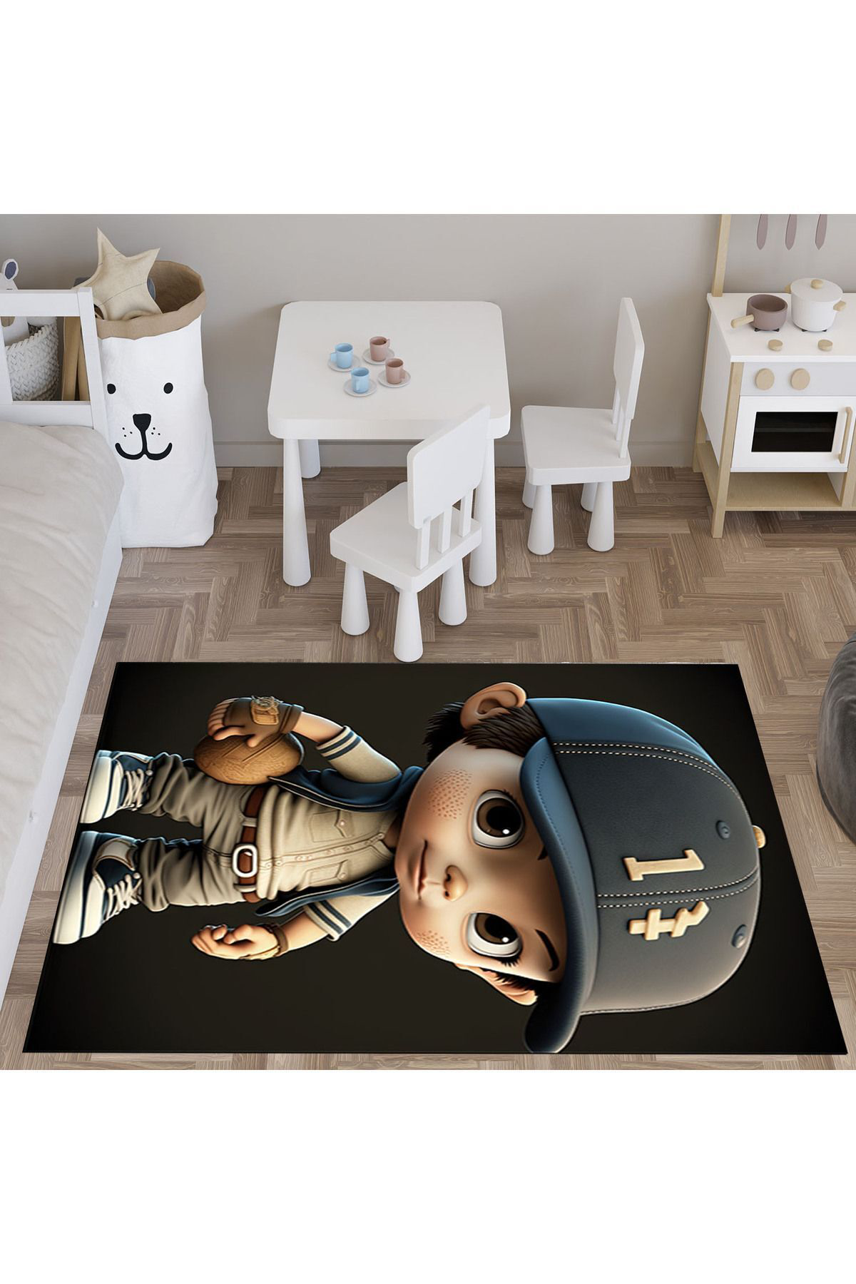 Evan Home Küçük Çocuk Desenli Çocuk Odasi Takim Perde (İki Kanat),Yatak Örtüsü,Yastik,Kirlent ,Hali,Tablo