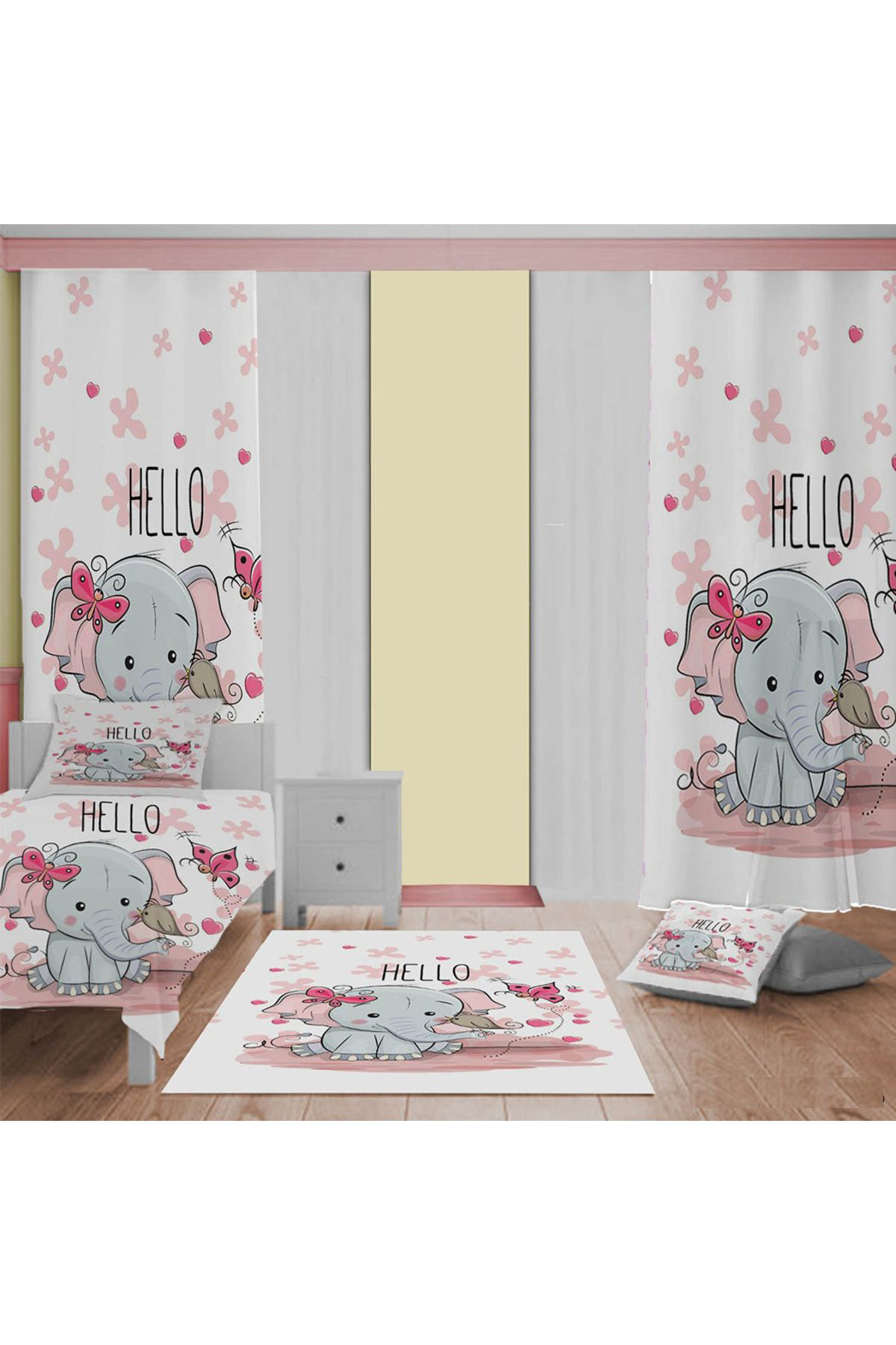 Evan Home Küçük Fil Desenli Çocuk Odası Takım Perde (İki Kanat),Yatak Örtüsü,Yastık,Kırlent ,Halı,