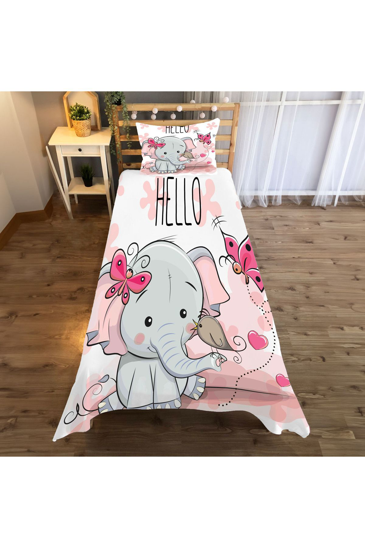 Evan Home Küçük Fil Desenli Çocuk Odası Takım Perde (İki Kanat),Yatak Örtüsü,Yastık,Kırlent ,Halı,