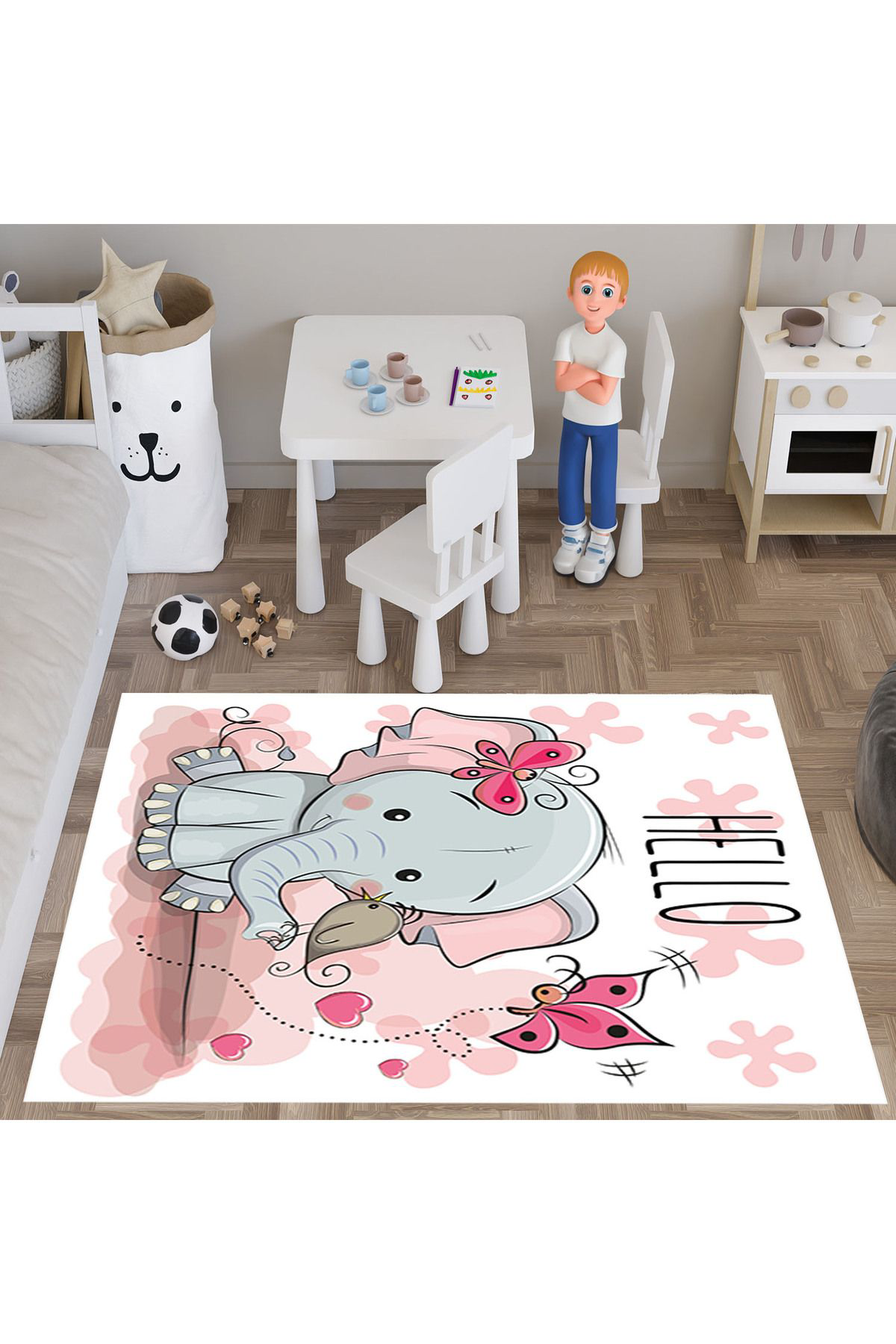 Evan Home Küçük Fil Desenli Çocuk Odası Takım Perde (İki Kanat),Yatak Örtüsü,Yastık,Kırlent ,Halı,