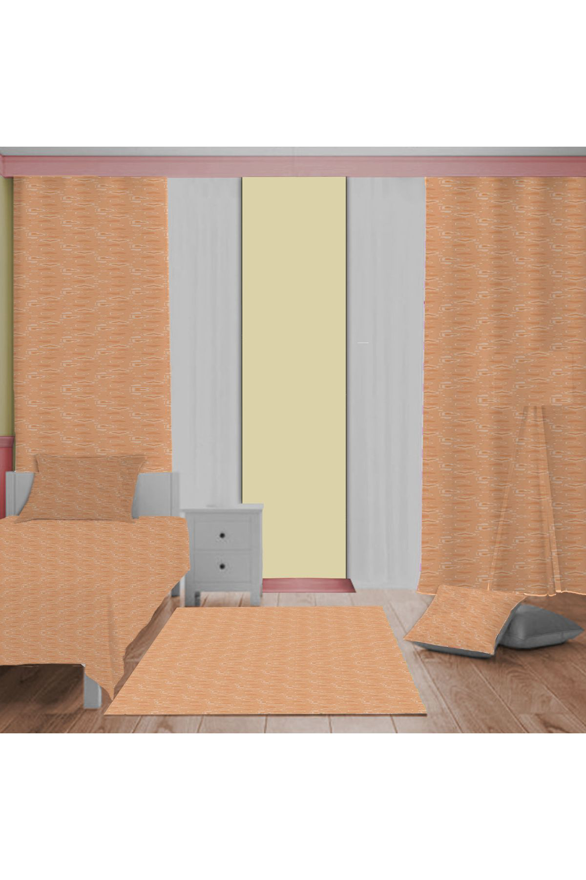 Evan Home Küçük Kalpler Desenli Çocuk Odası Takım Perde (İki Kanat),Yatak Örtüsü,Yastık,Kırlent ,Halı,