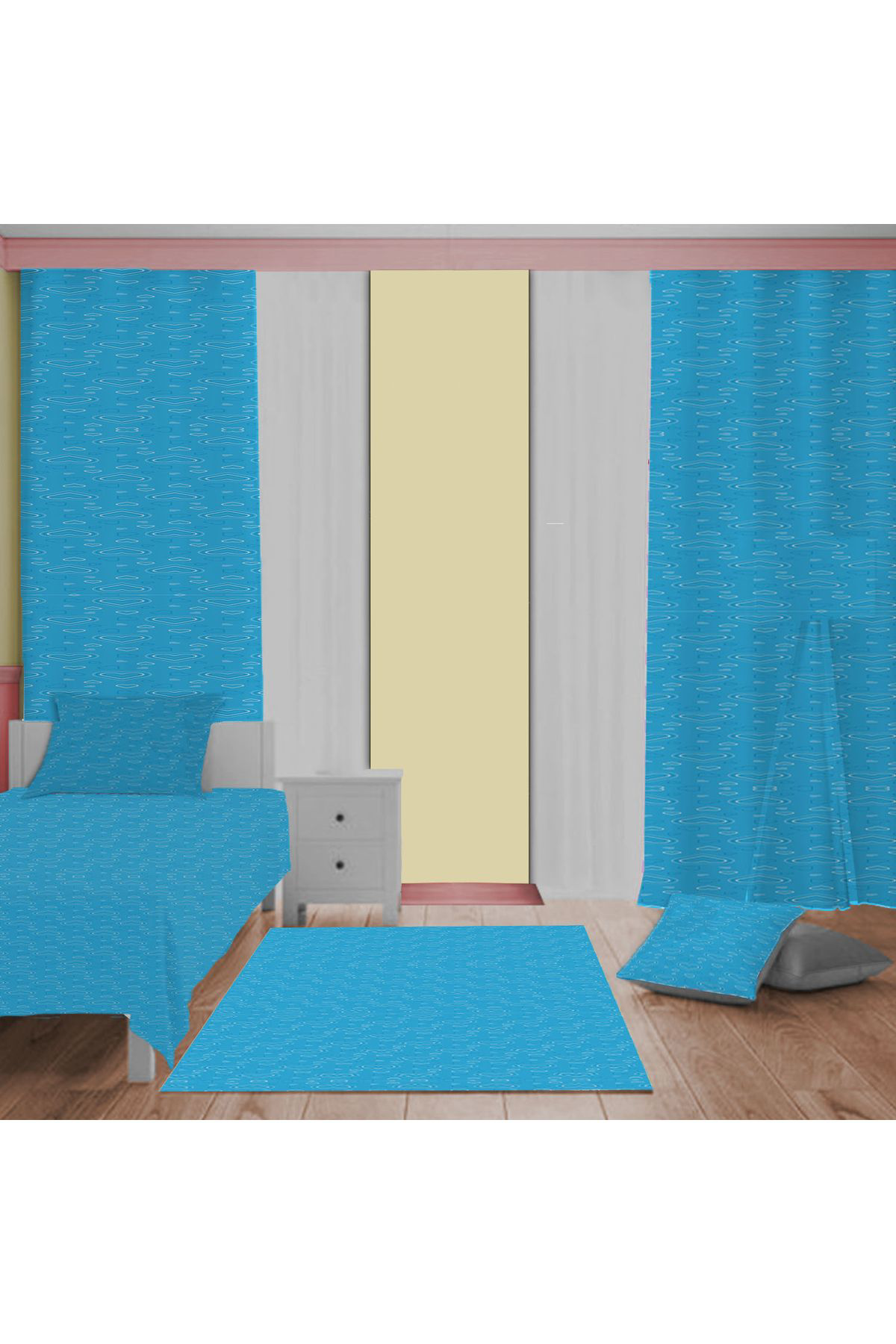 Evan Home Küçük Kalpler Desenli Set Takım Çocuk Odası Perde (İki Kanat),Yatak Örtüsü,Yastık,Kırlent ,Halı,